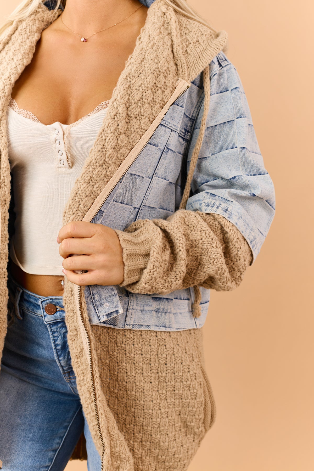 Light Wash Patchwork Denim Contrast Sweater Jacket