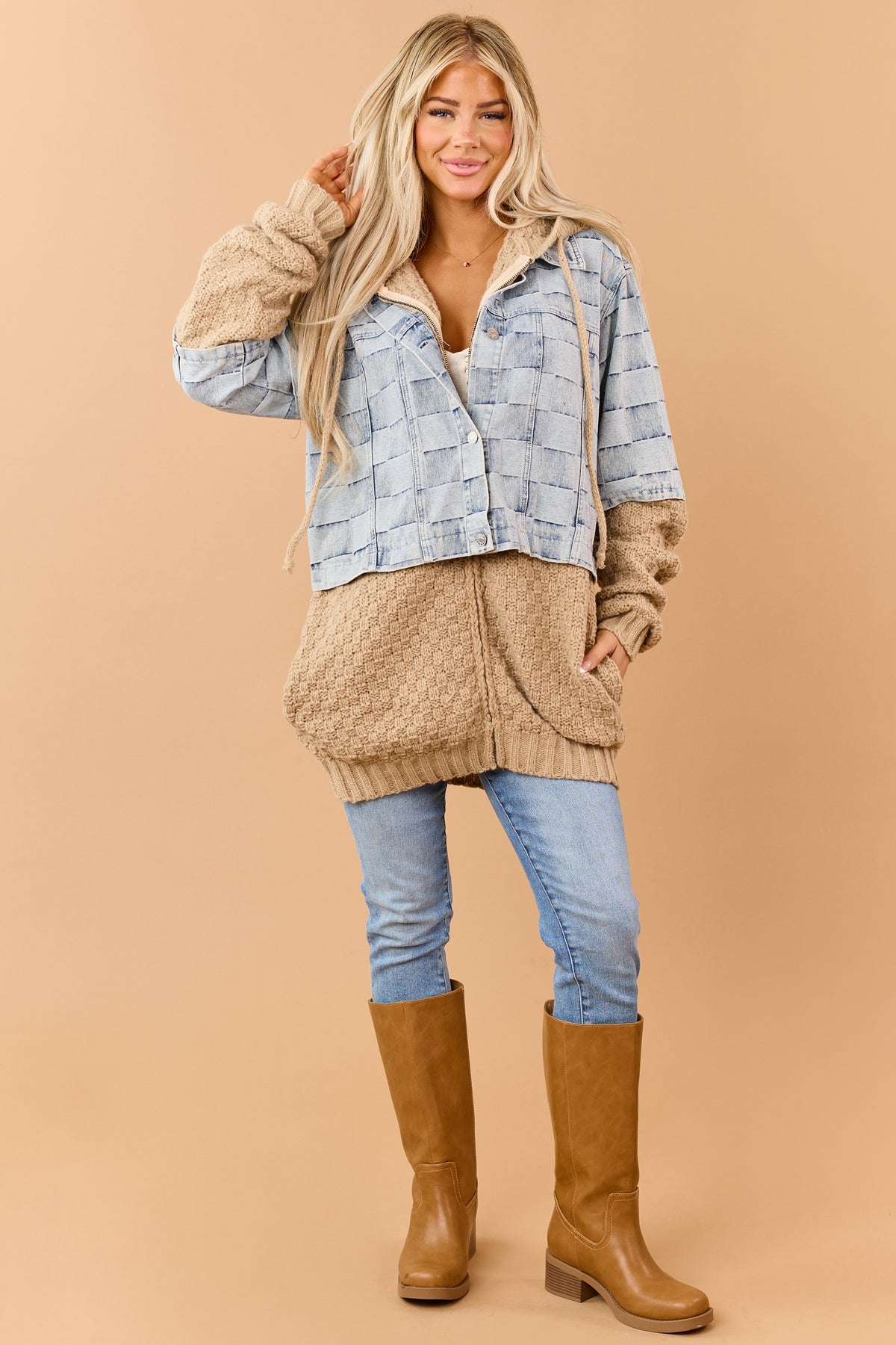 Light Wash Patchwork Denim Contrast Sweater Jacket