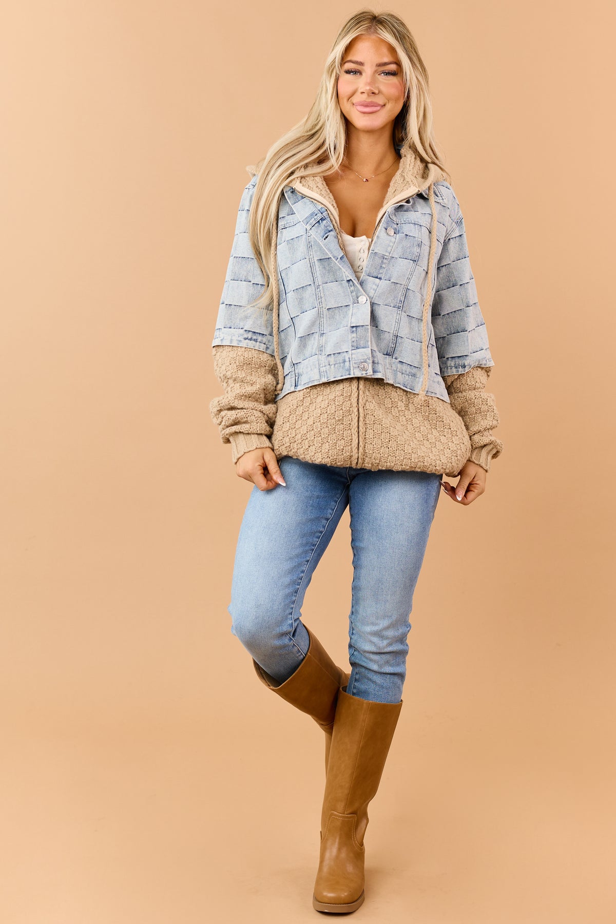 Light Wash Patchwork Denim Contrast Sweater Jacket