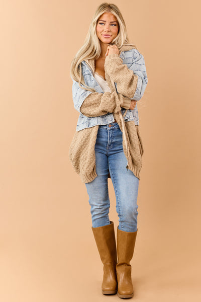 Light Wash Patchwork Denim Contrast Sweater Jacket