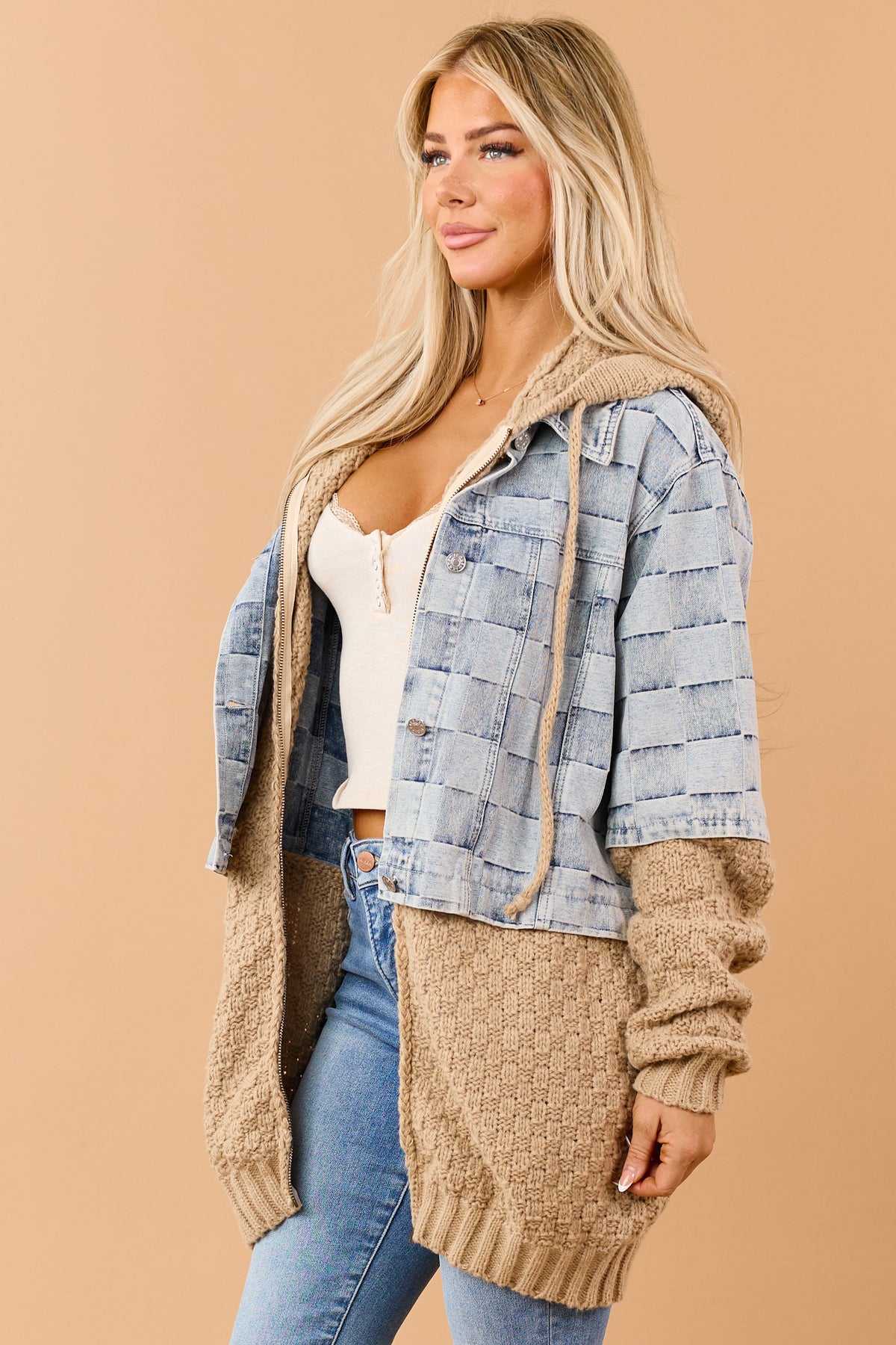 Light Wash Patchwork Denim Contrast Sweater Jacket