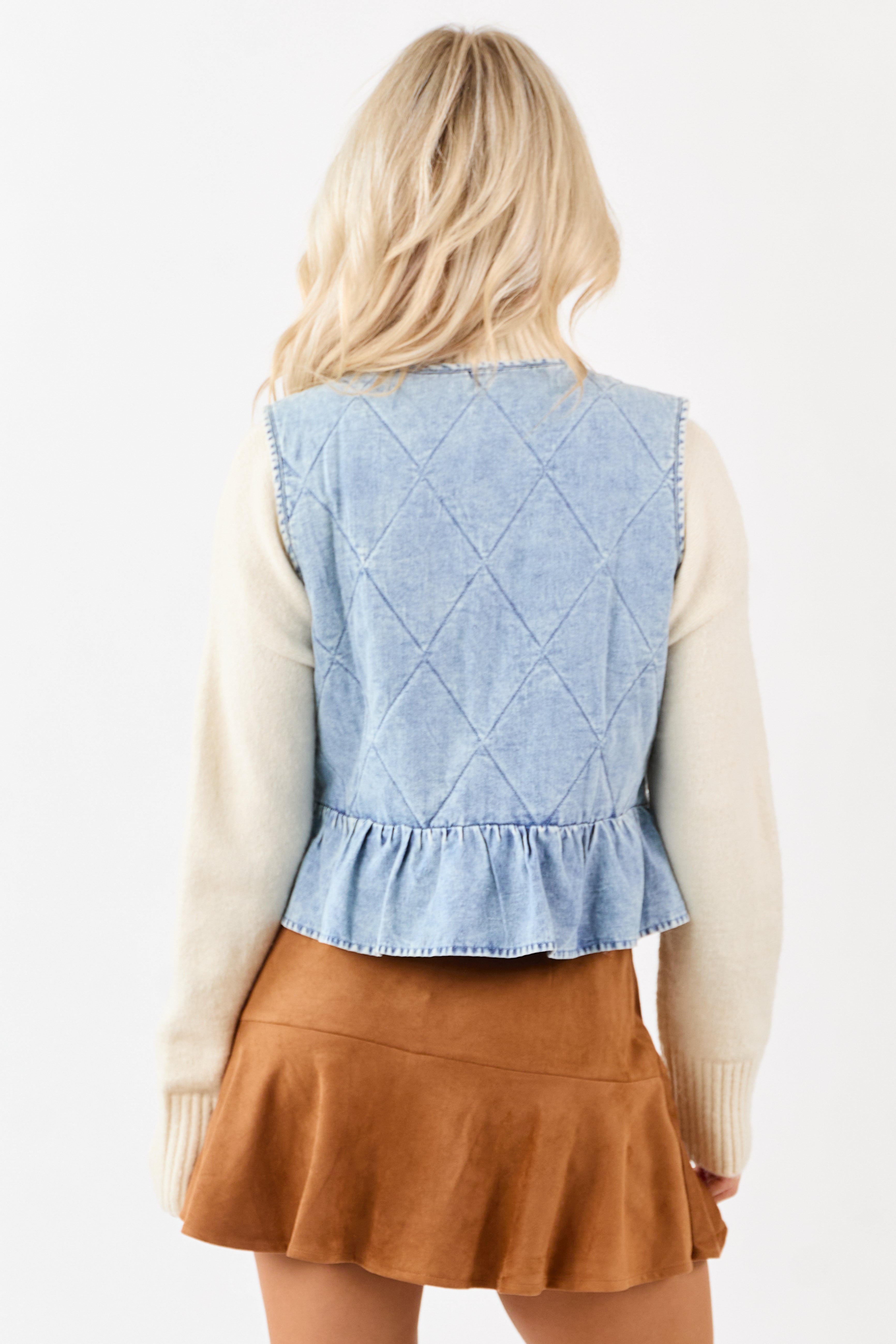 Light Wash Quilted Chambray Front Tie Vest