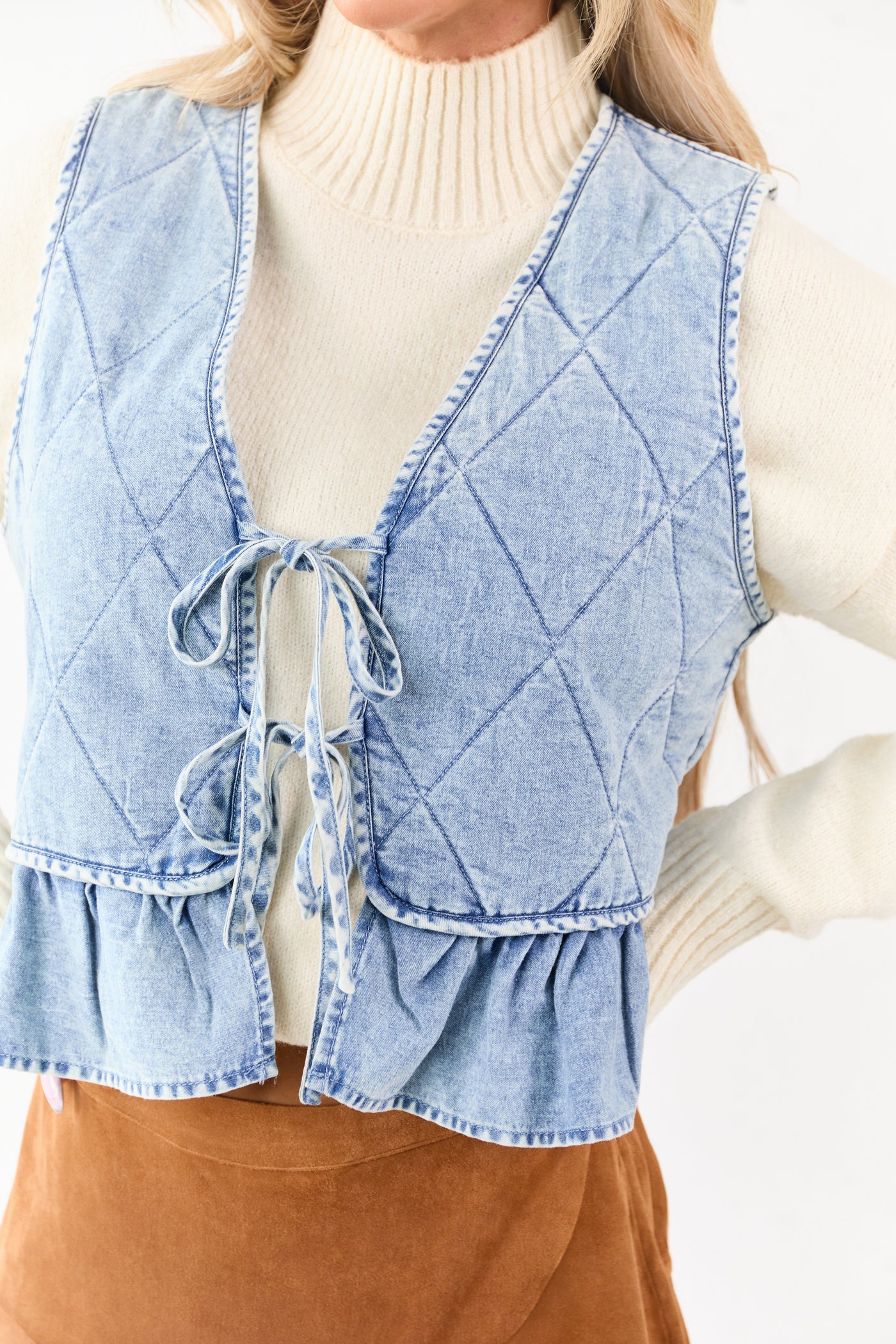 Light Wash Quilted Chambray Front Tie Vest