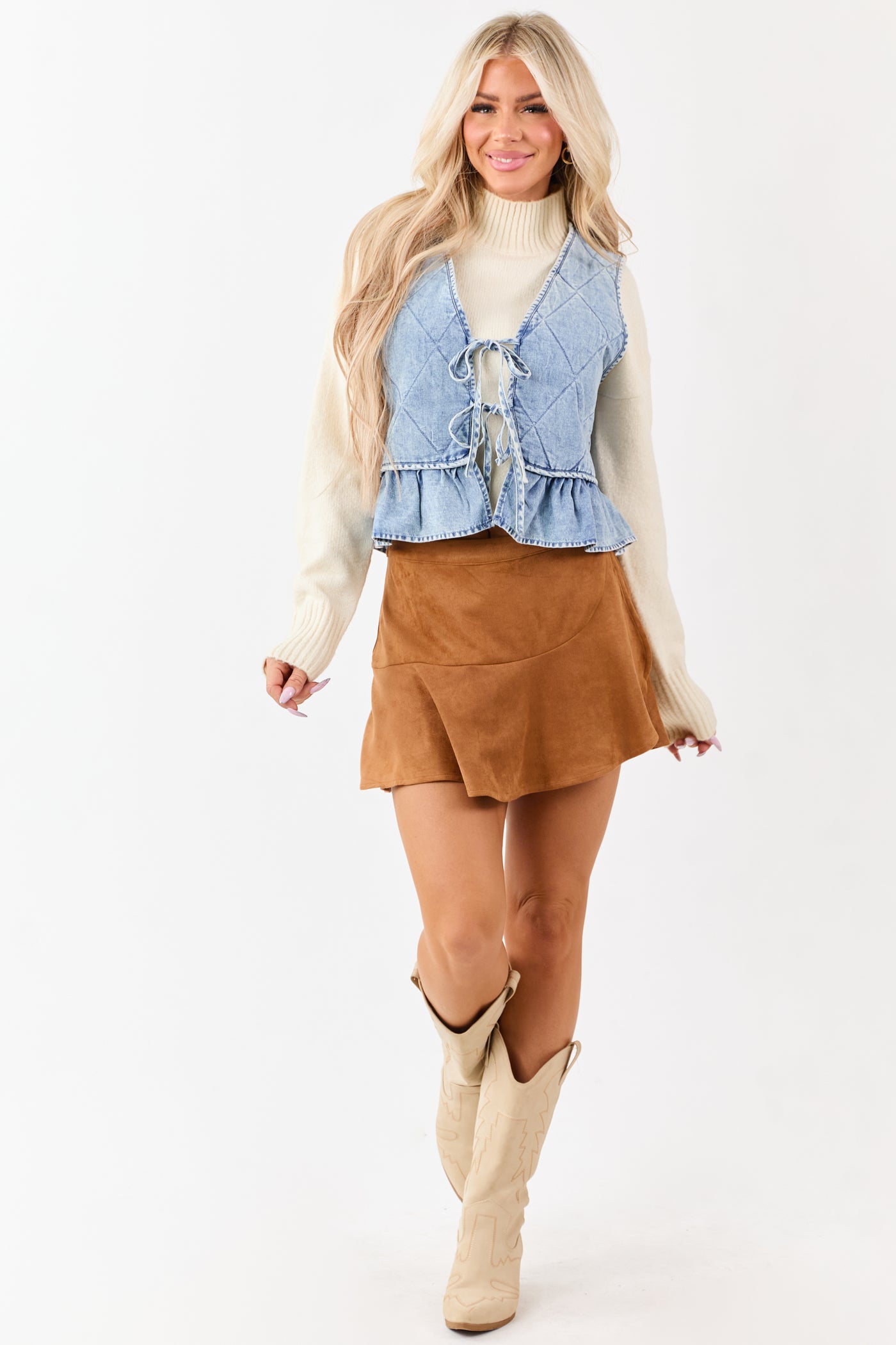 Light Wash Quilted Chambray Front Tie Vest