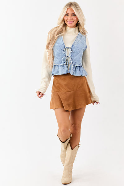 Light Wash Quilted Chambray Front Tie Vest