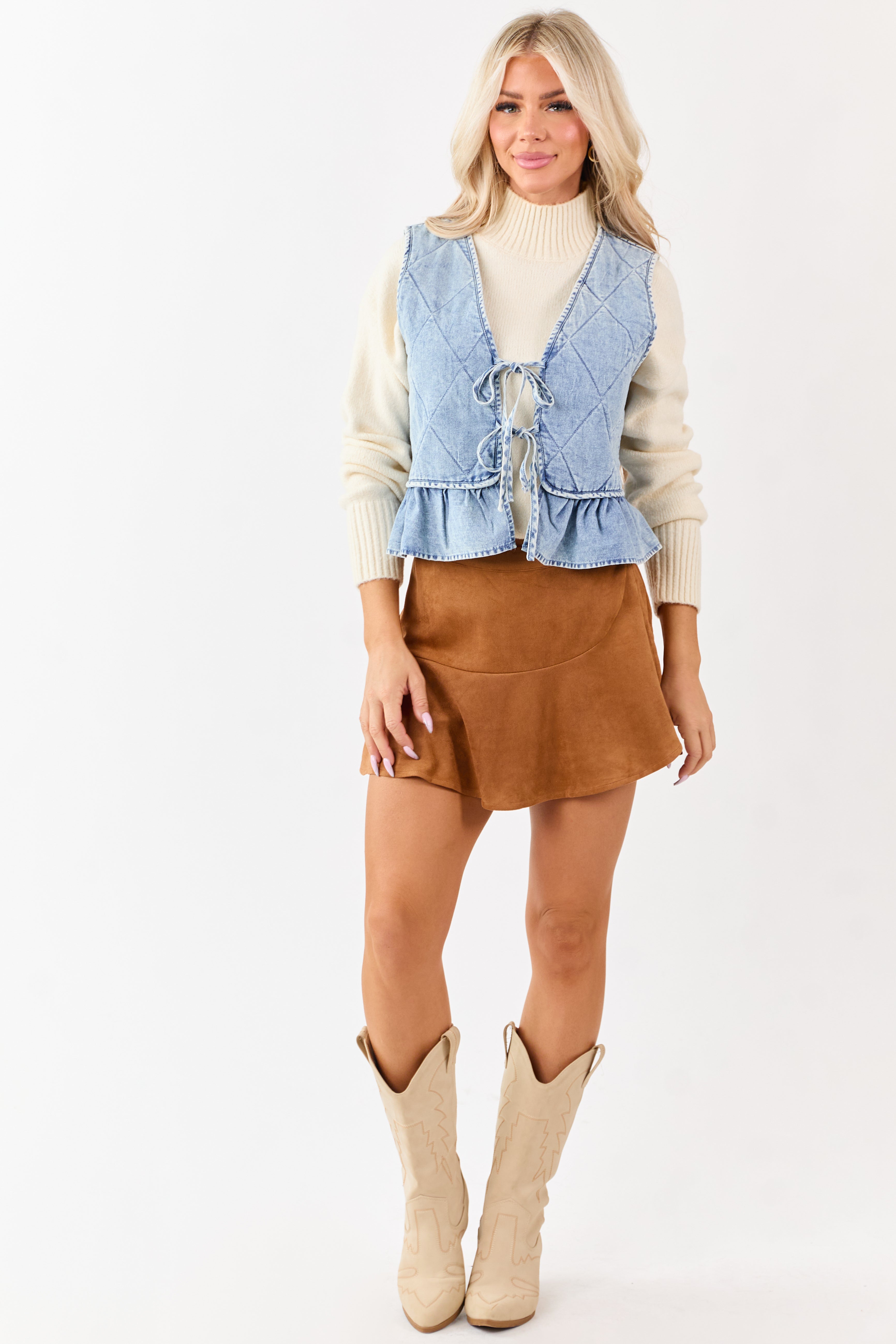Light Wash Quilted Chambray Front Tie Vest