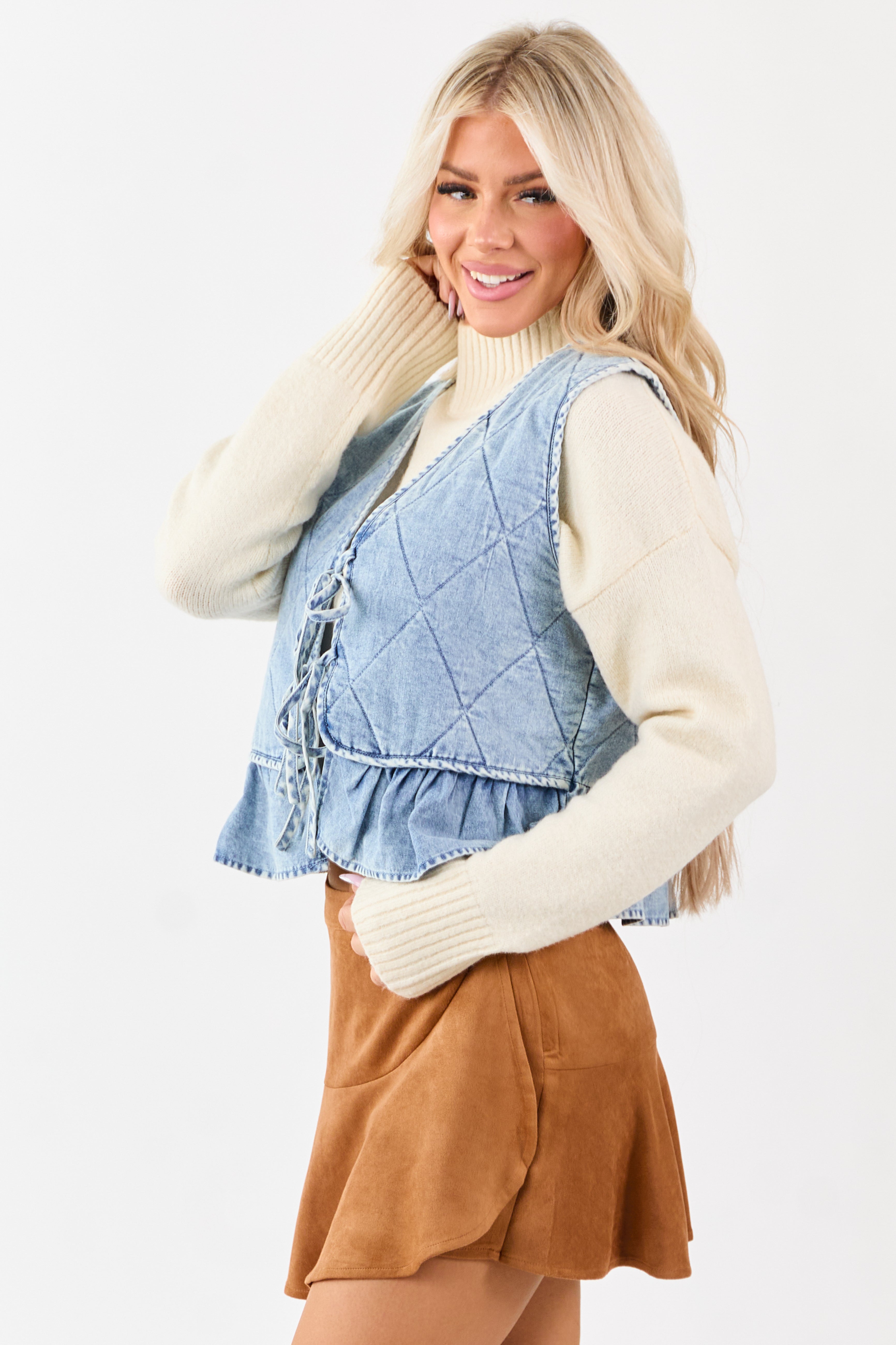 Light Wash Quilted Chambray Front Tie Vest