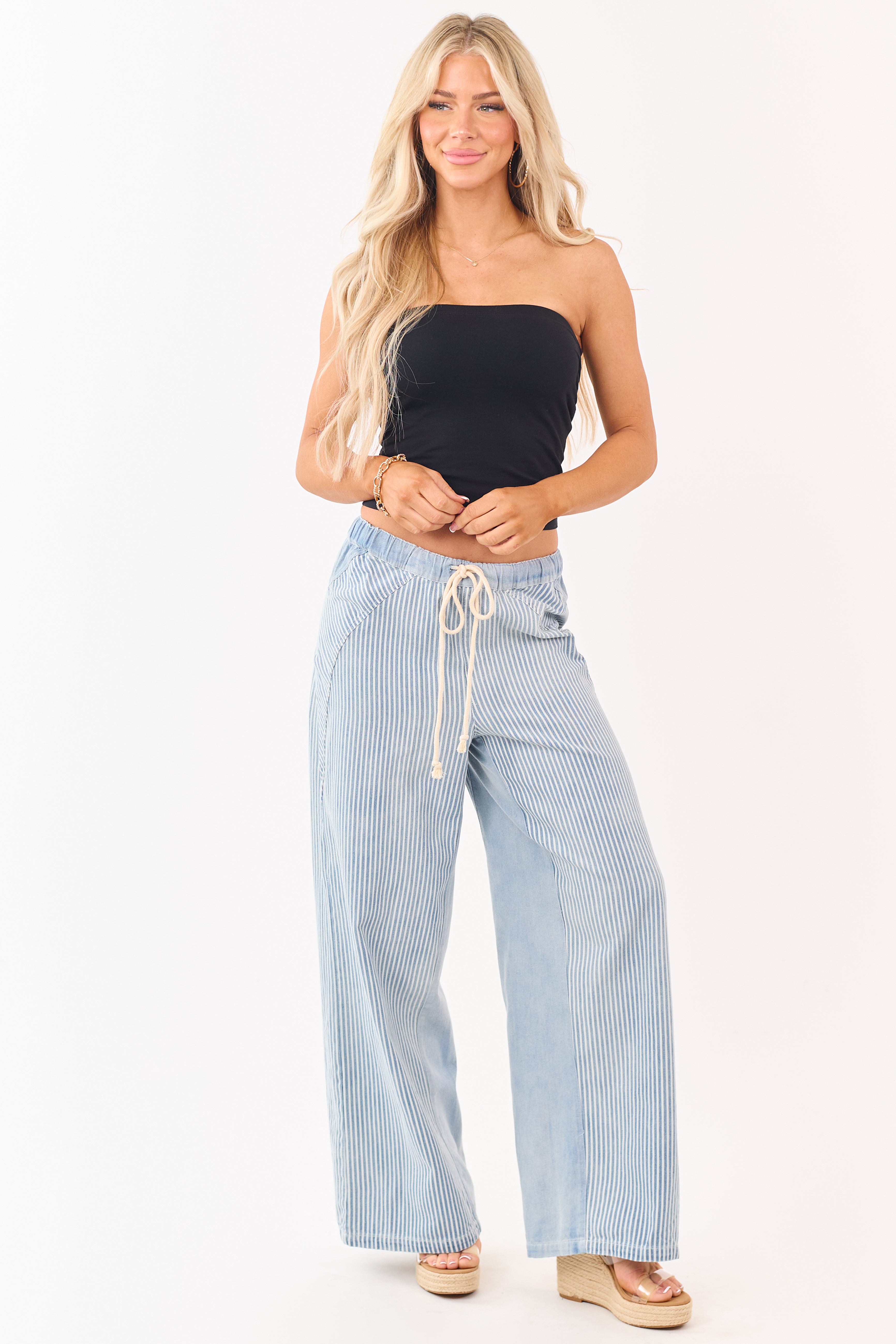 Light Wash Railroad Stripe Wide Leg Denim Pants | Lime Lush Boutique