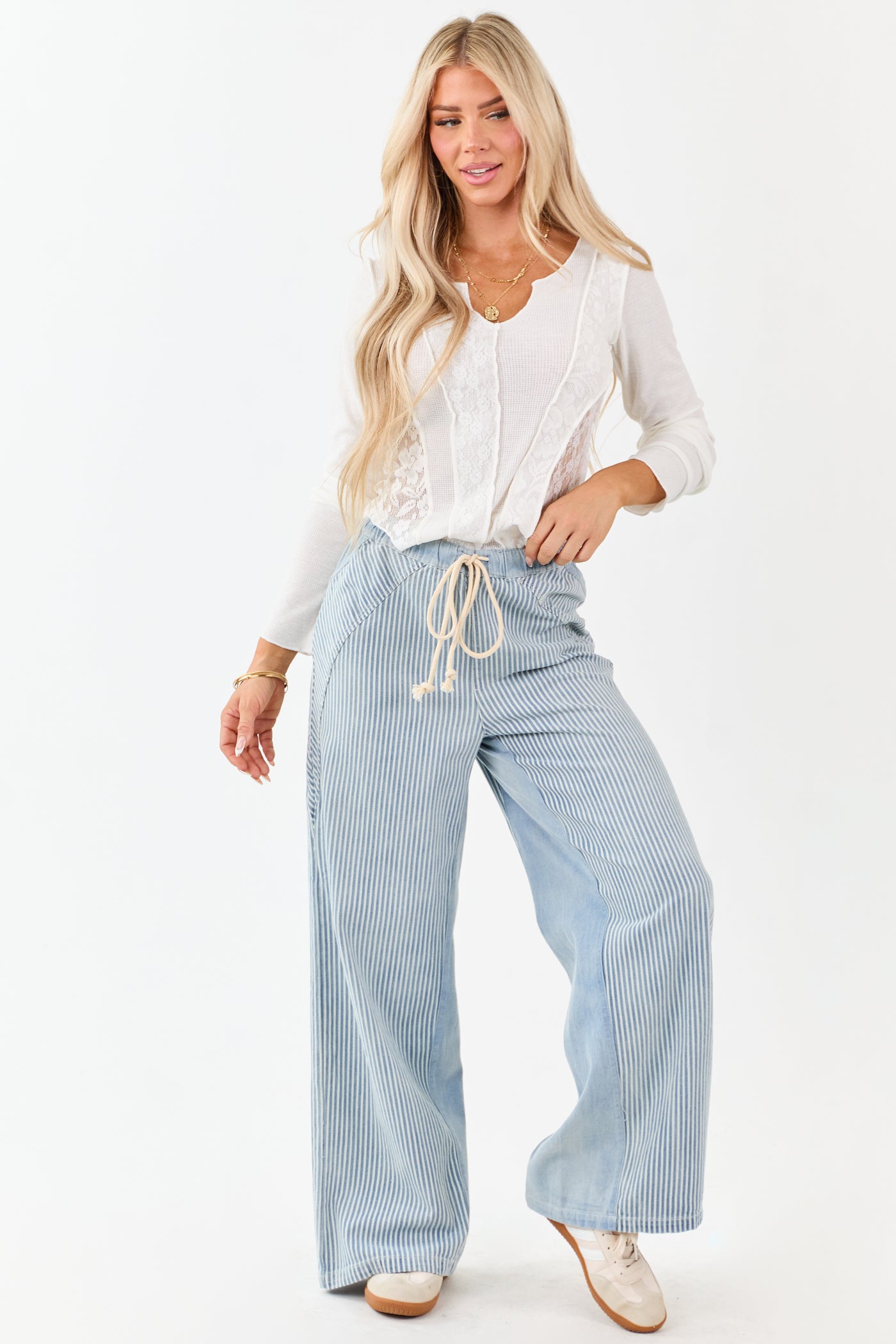 Light Wash Railroad Stripe Wide Leg Denim Pants