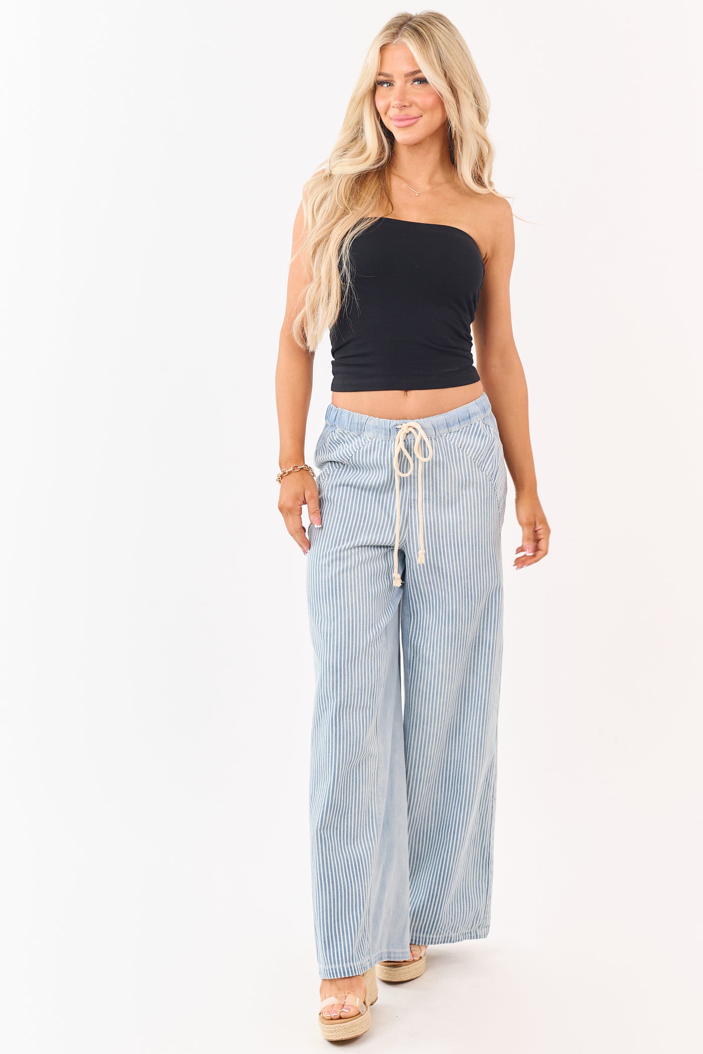 Light Wash Railroad Stripe Wide Leg Denim Pants