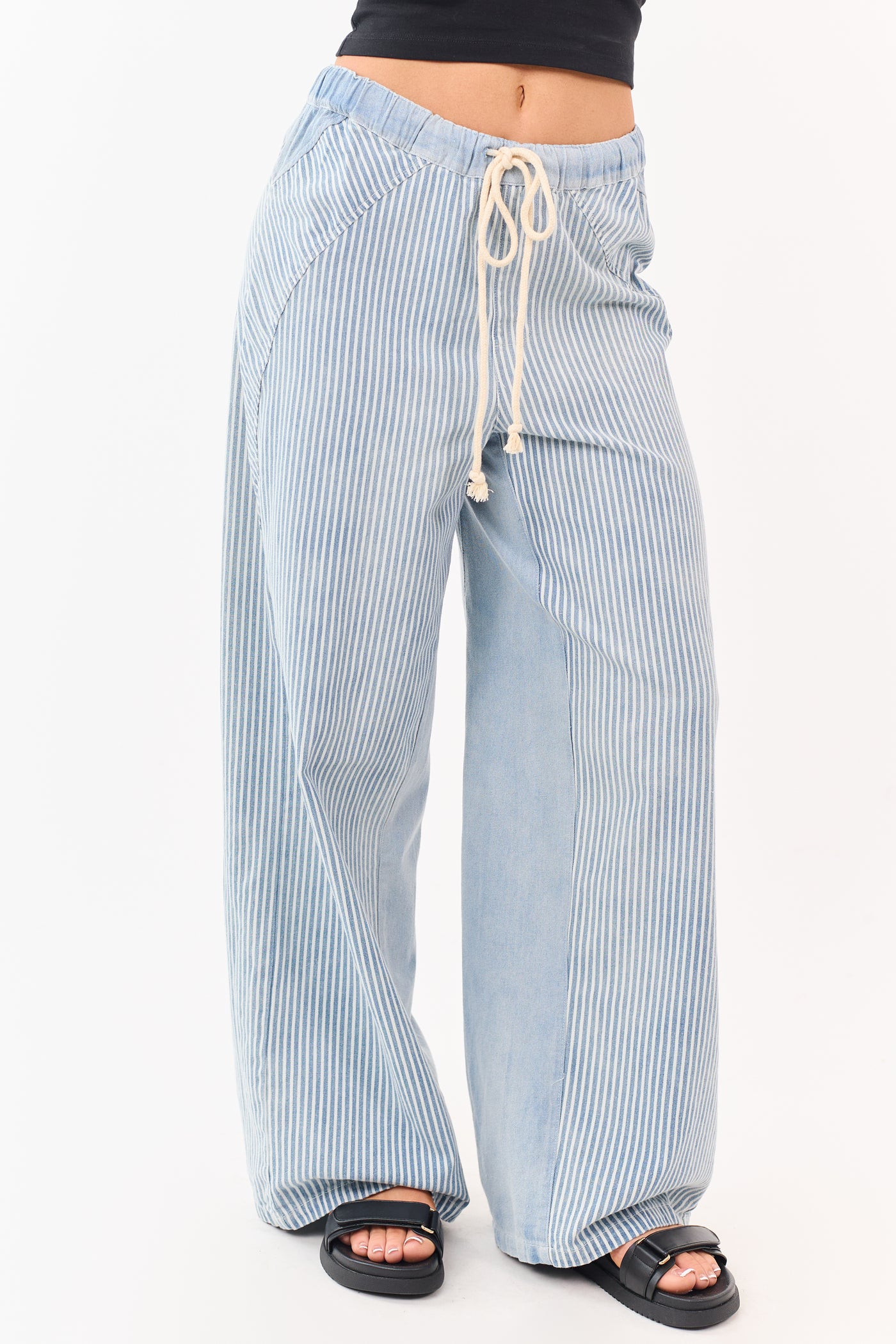 Light Wash Railroad Stripe Wide Leg Denim Pants