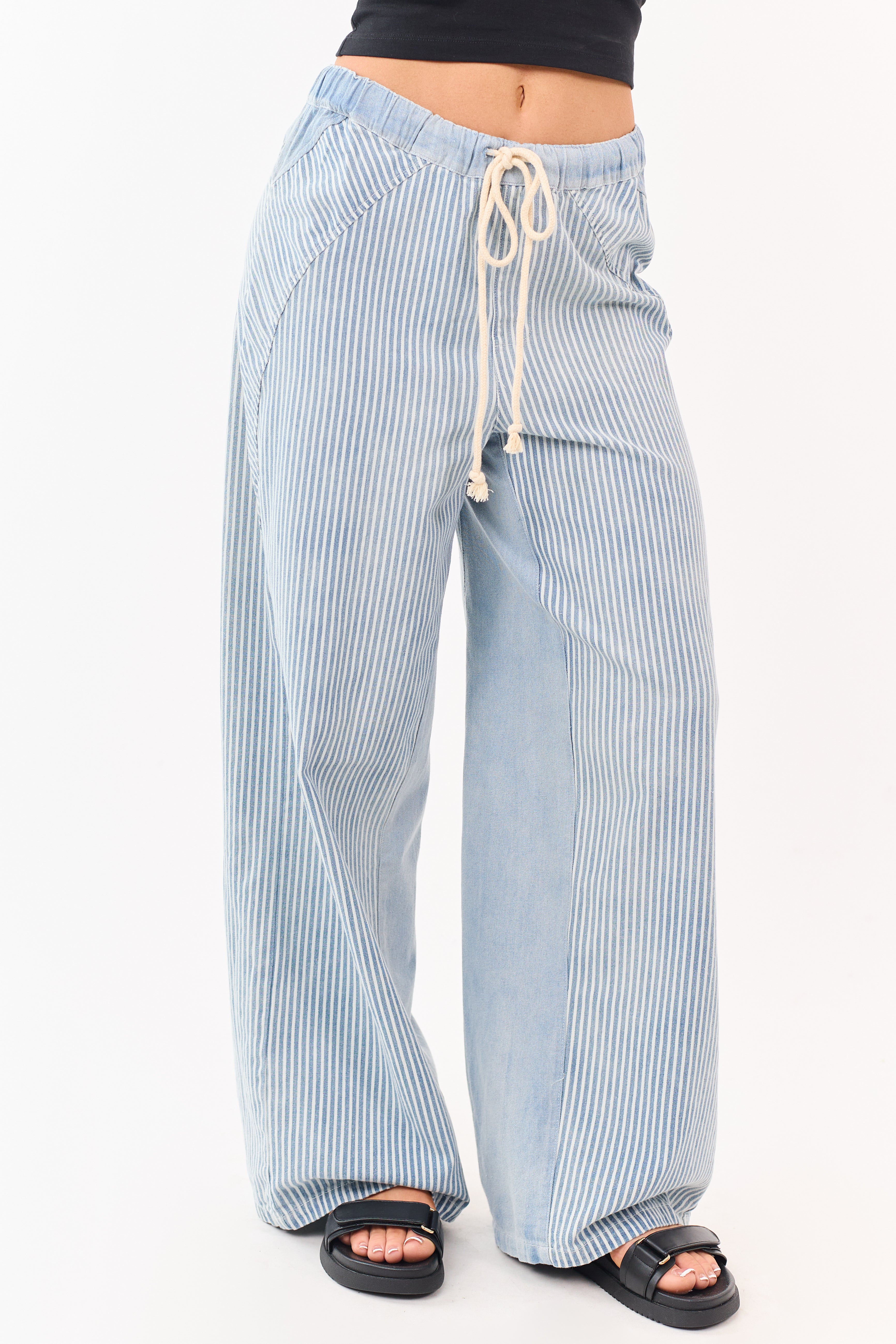 Light Wash Railroad Stripe Wide Leg Denim Pants
