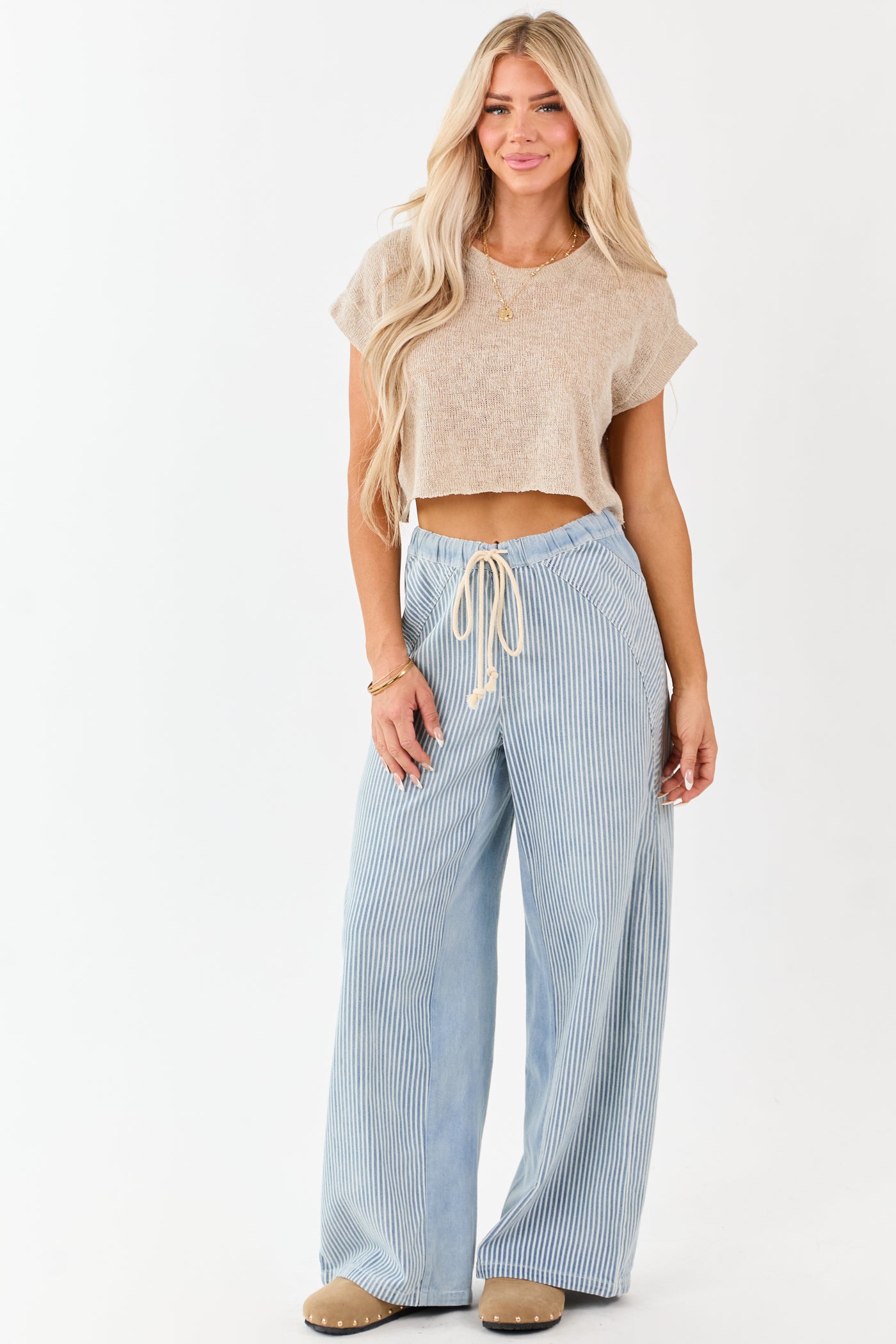 Light Wash Railroad Stripe Wide Leg Denim Pants