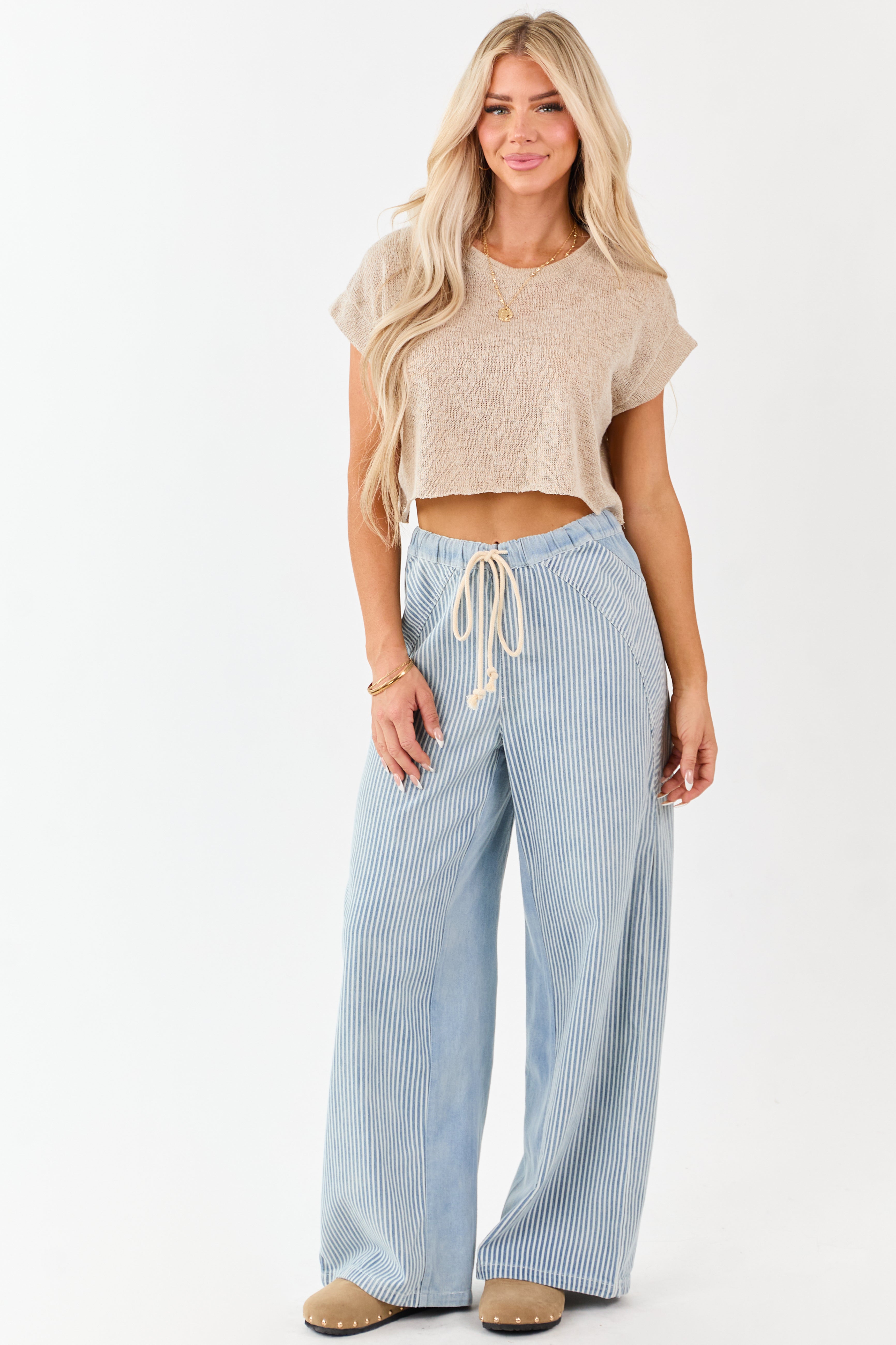 Light Wash Railroad Stripe Wide Leg Denim Pants