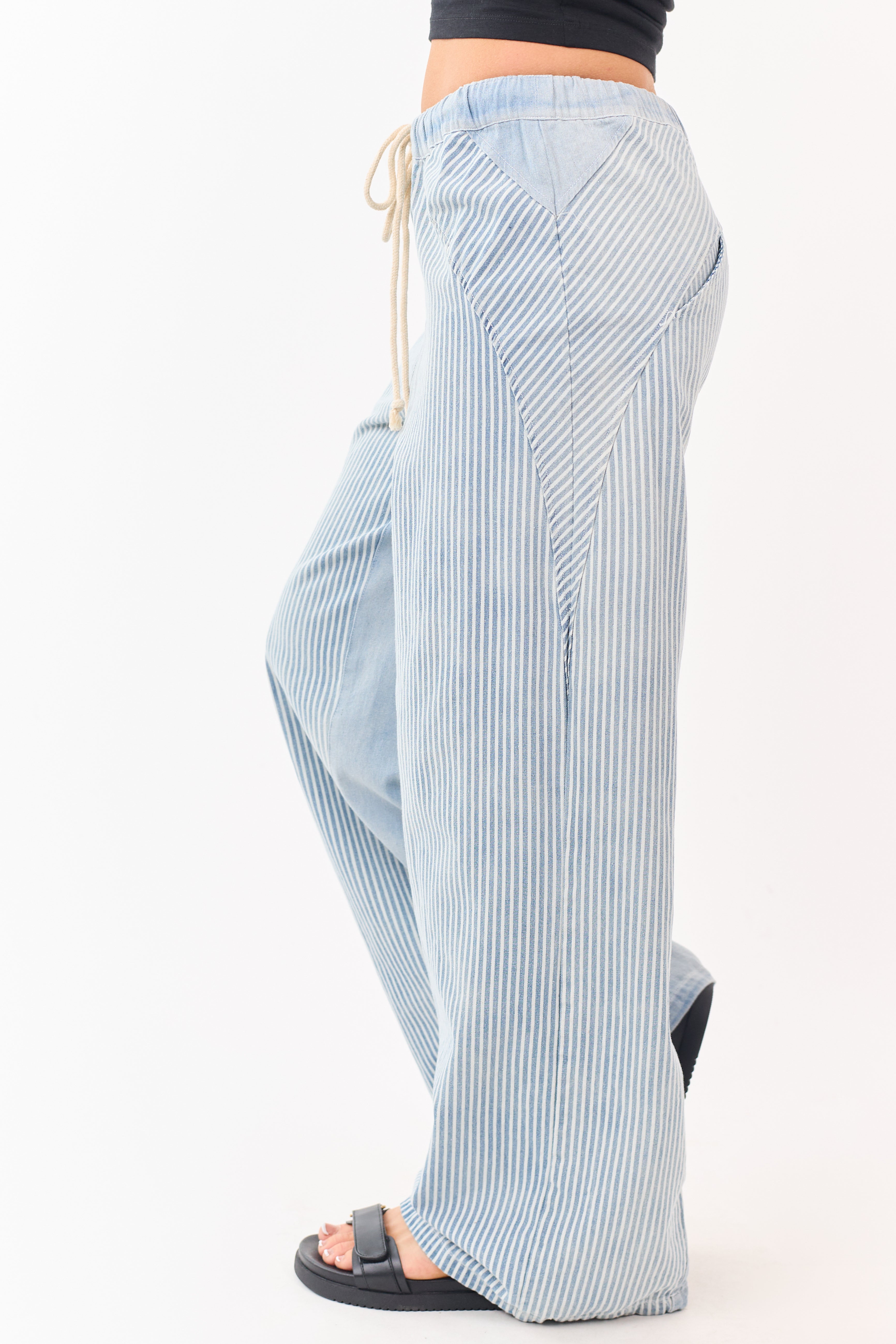 Light Wash Railroad Stripe Wide Leg Denim Pants