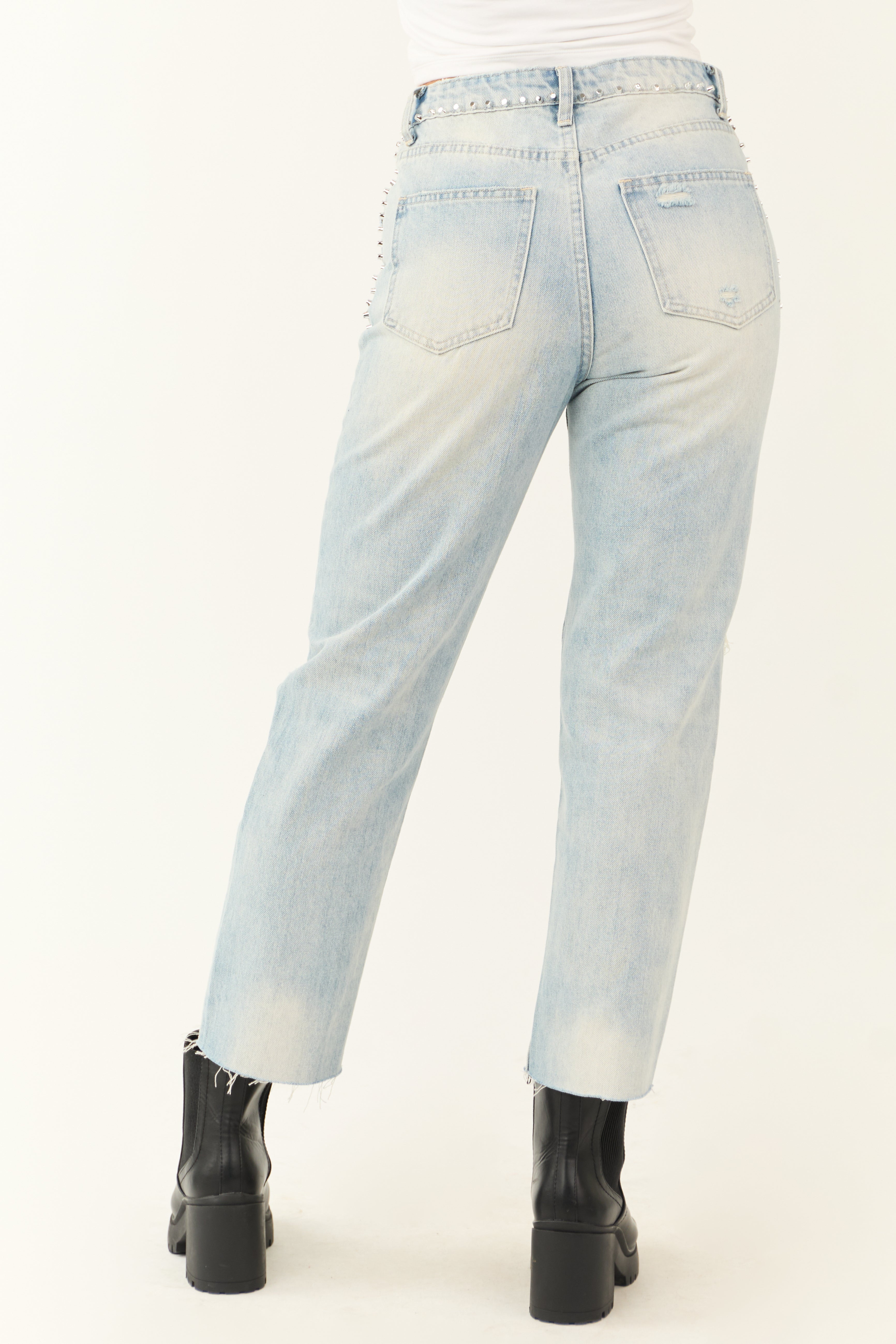 Light Wash Rhinestone Studded Straight Jeans | Lime Lush Boutique