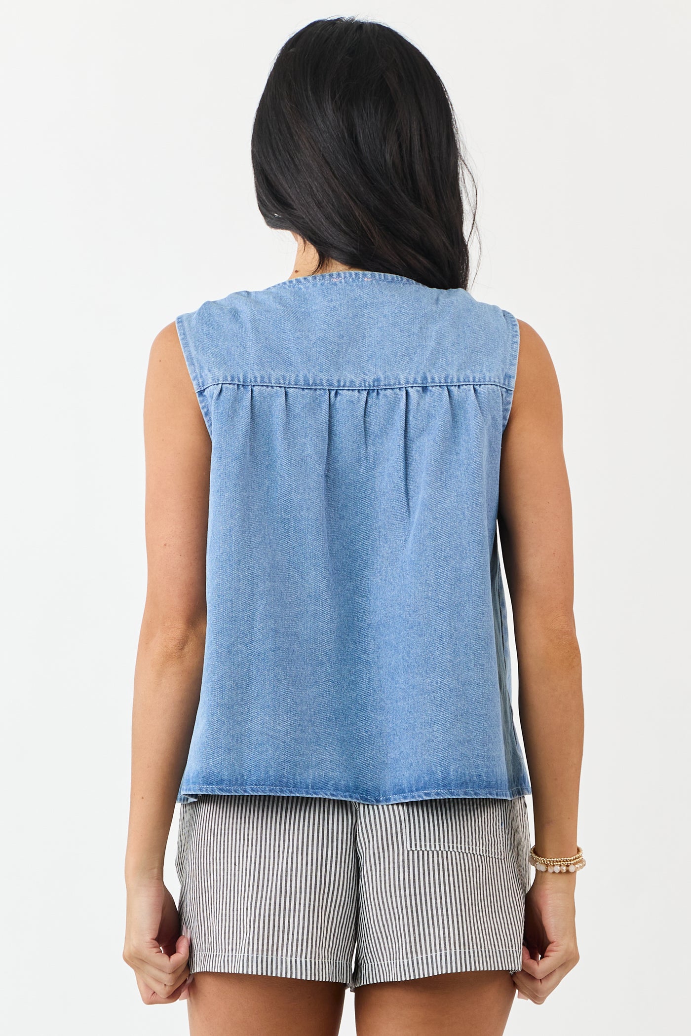 Light Wash Ruched Denim Tent Style Tank Top