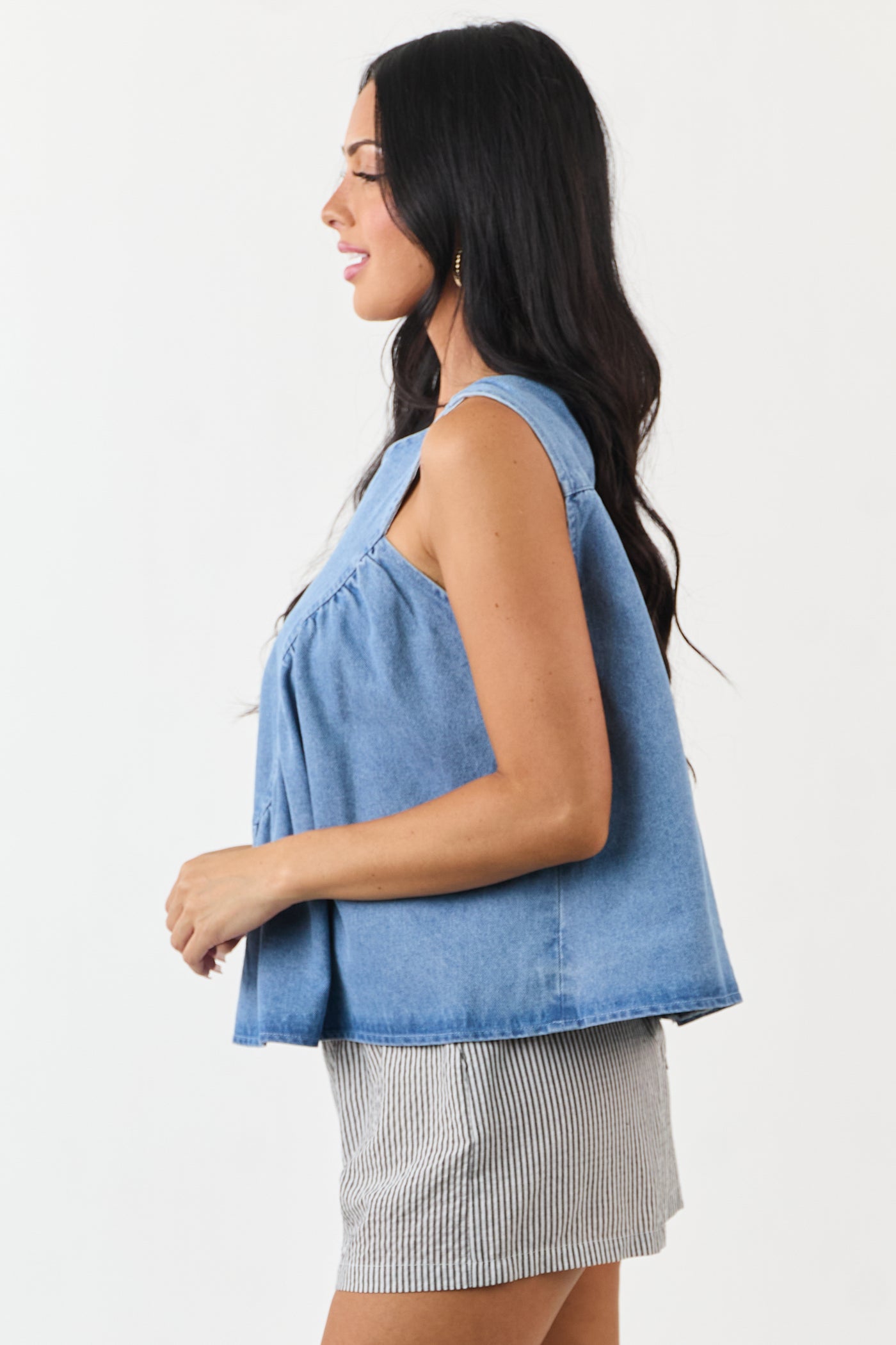 Light Wash Ruched Denim Tent Style Tank Top