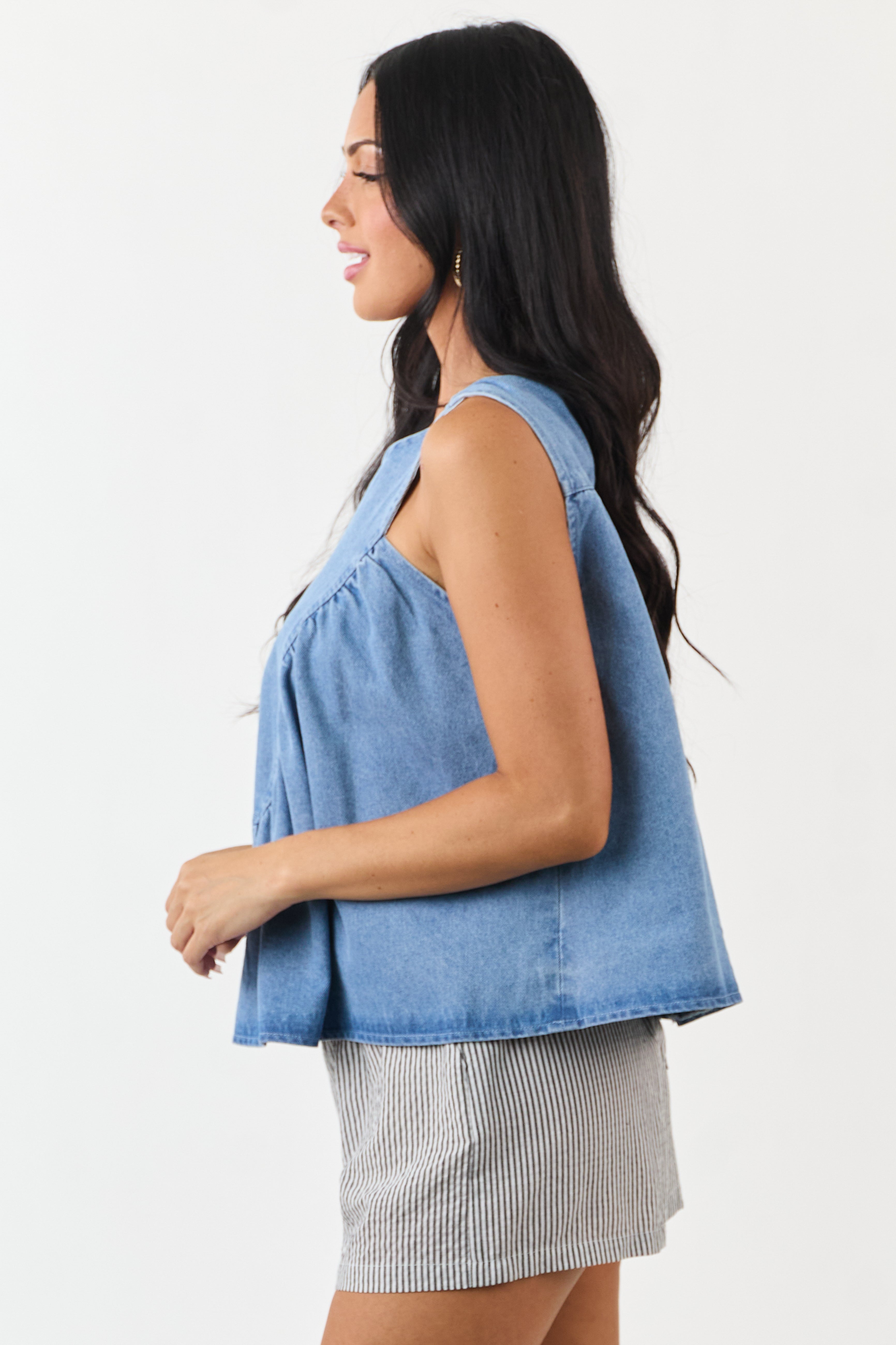 Light Wash Ruched Denim Tent Style Tank Top