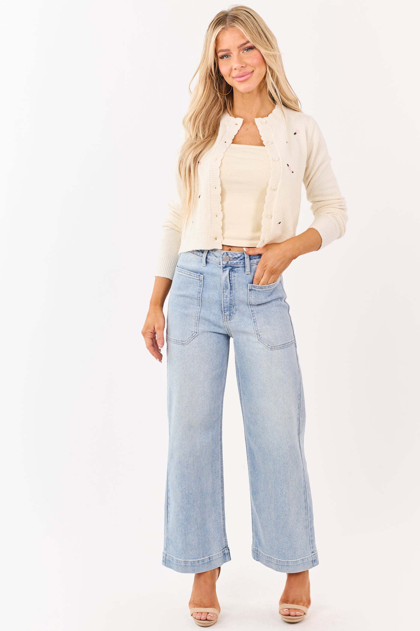 Light Wash Stretchy Wide Leg Utility Jeans