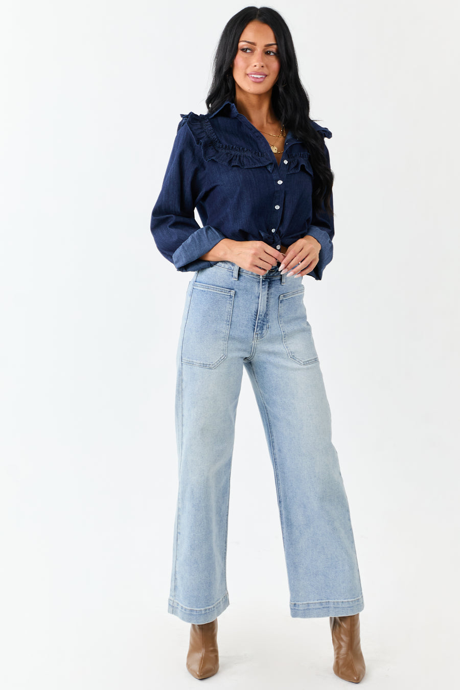 Light Wash Stretchy Wide Leg Utility Jeans