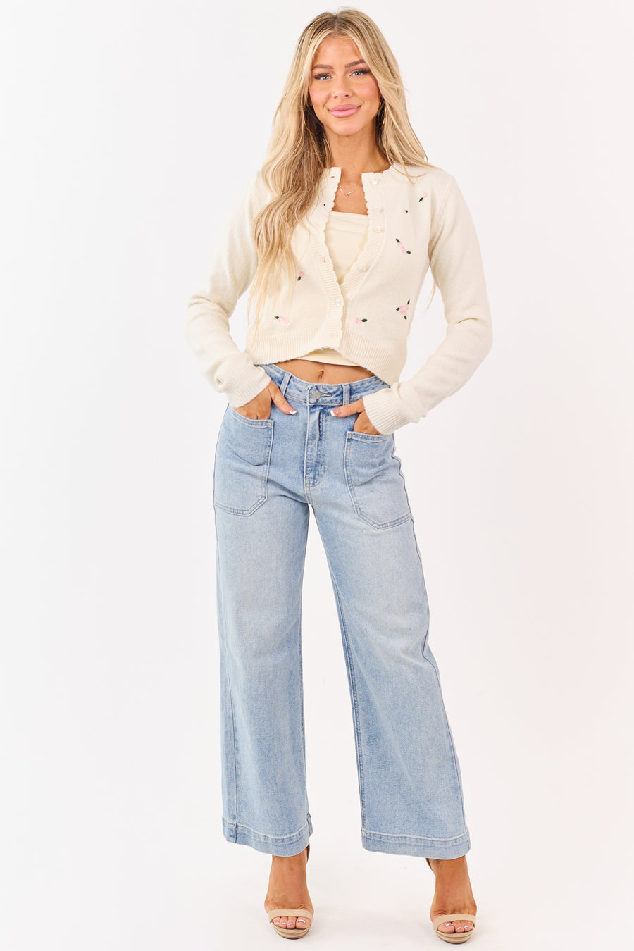 Light Wash Stretchy Wide Leg Utility Jeans