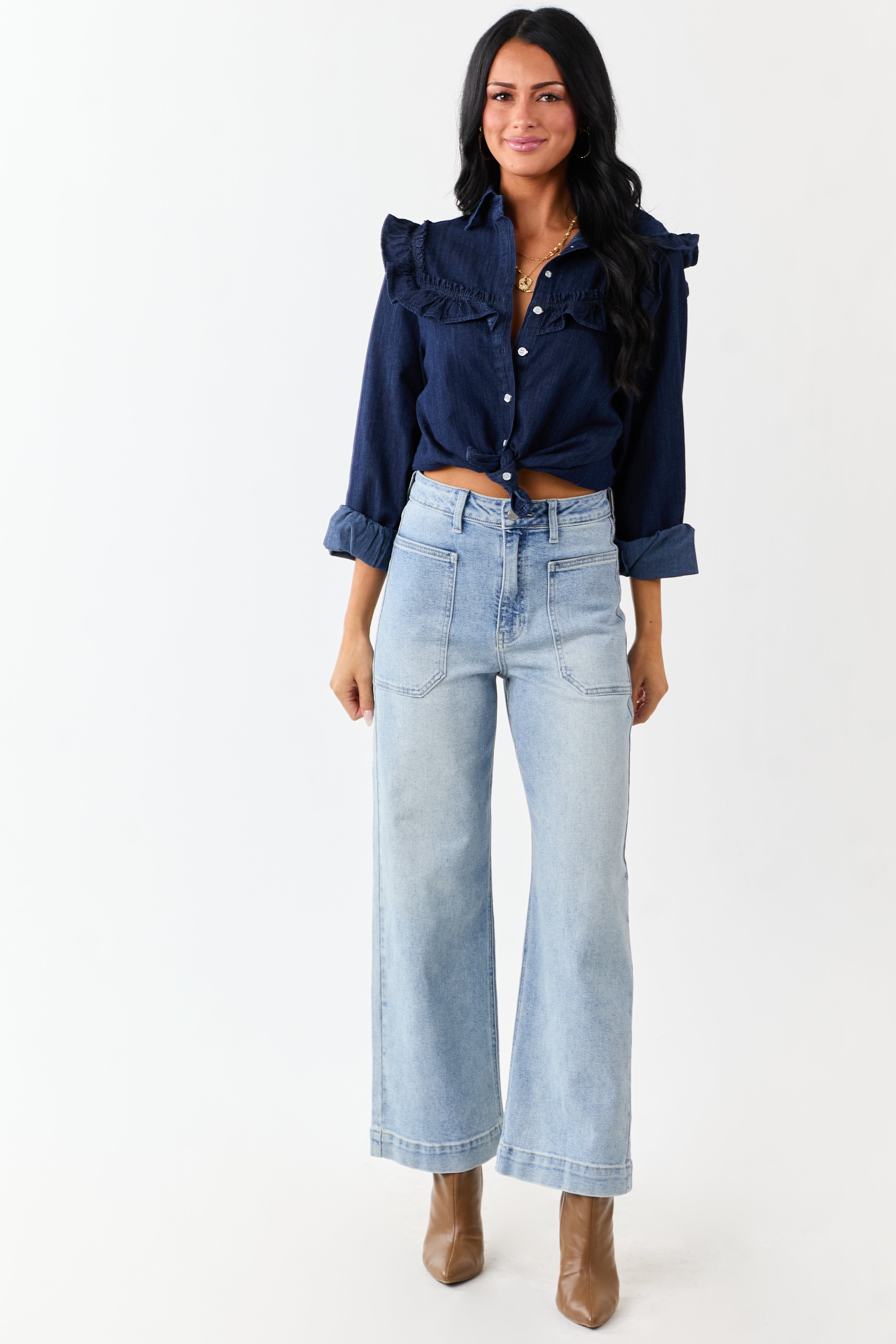 Light Wash Stretchy Wide Leg Utility Jeans