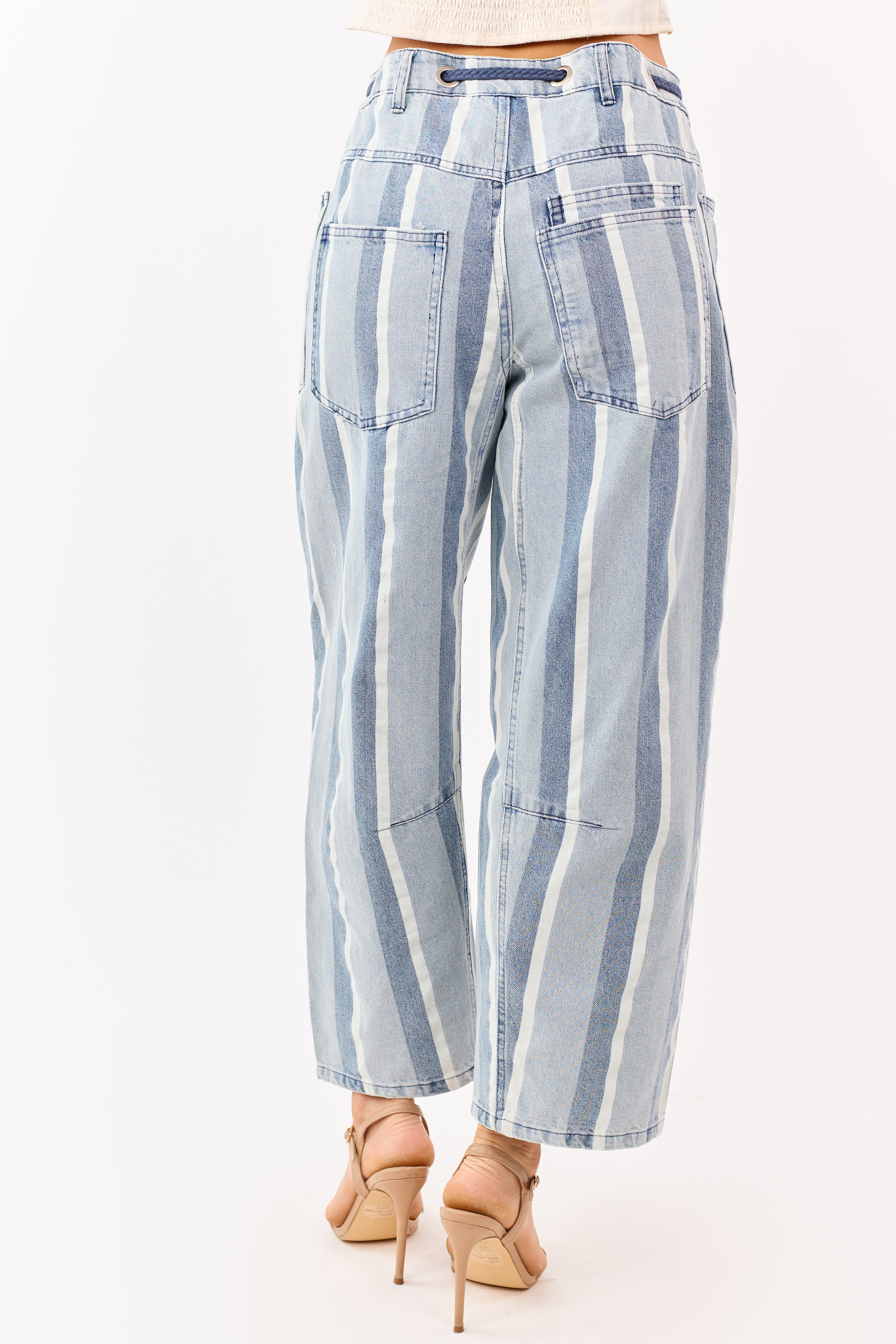 Light Wash Striped Denim Patch Pocket Barrel Pants