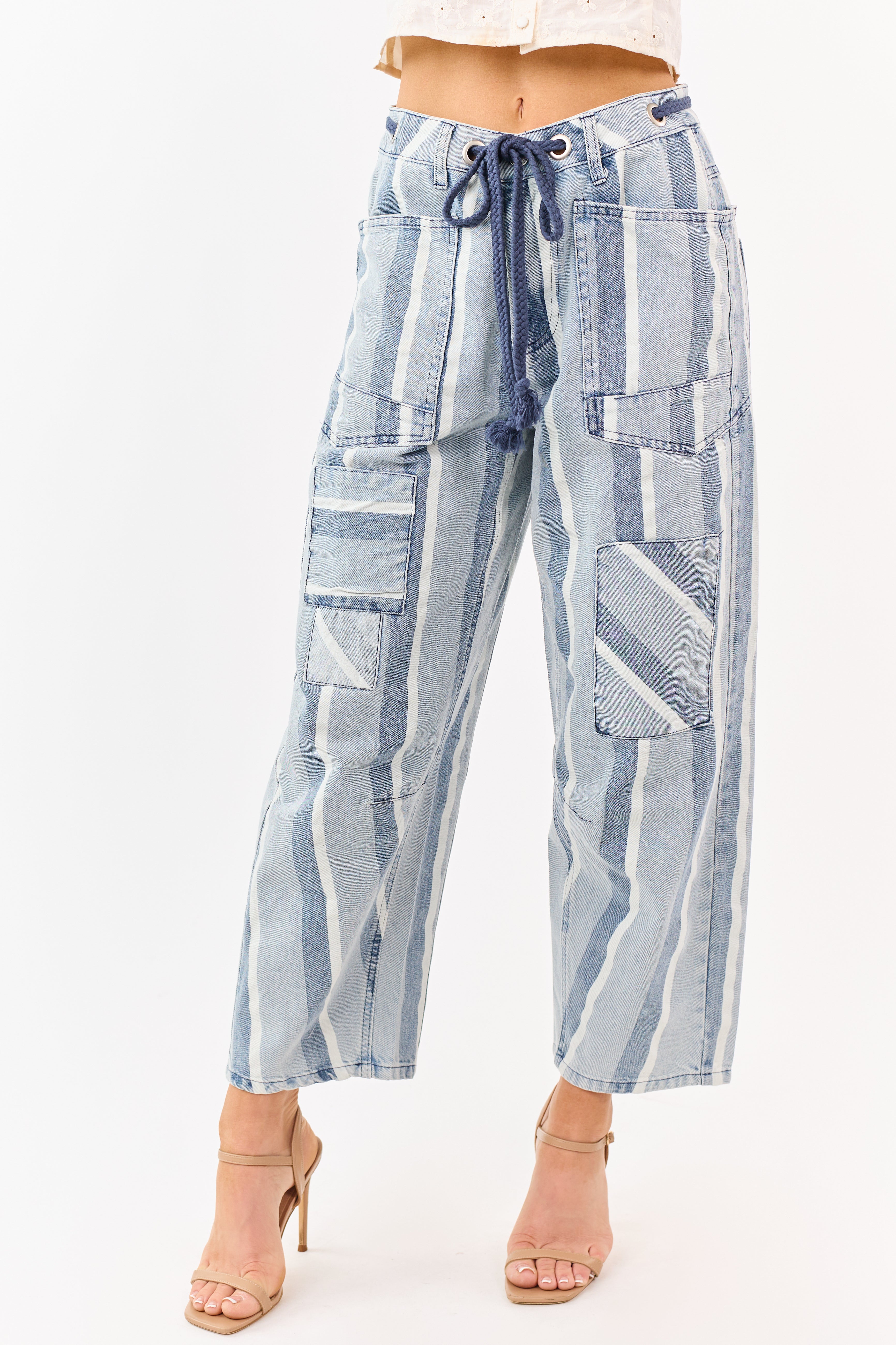 Light Wash Striped Denim Patch Pocket Barrel Pants | Lime Lush