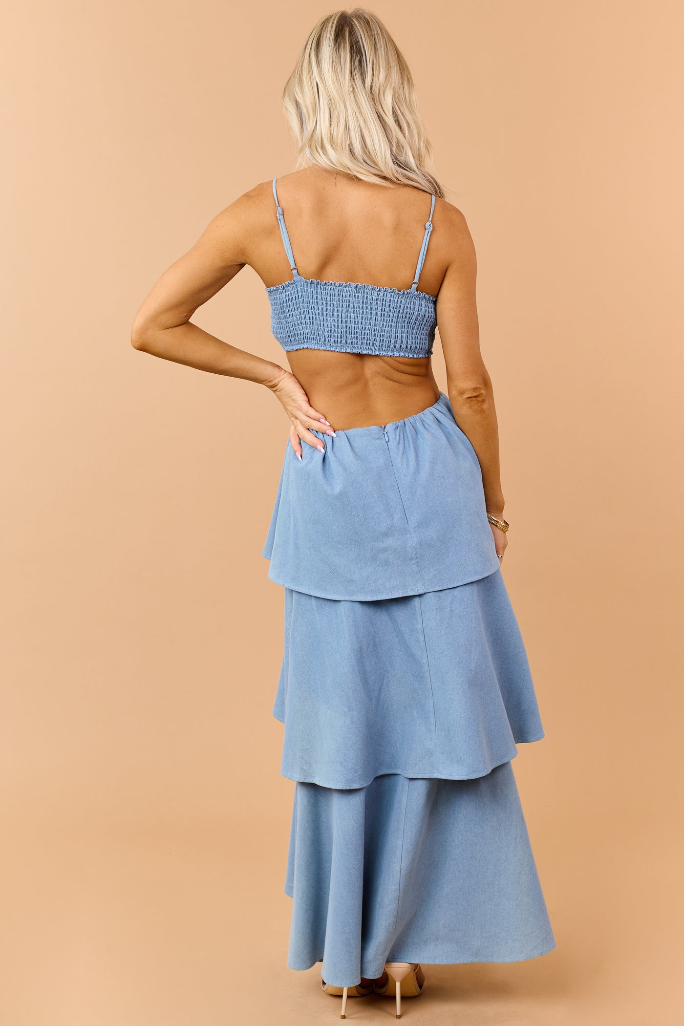 Light Wash Tiered Chambray Denim Maxi Dress