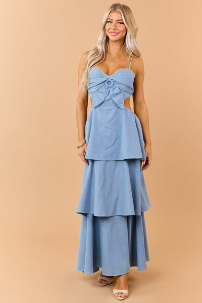 Light Wash Tiered Chambray Denim Maxi Dress