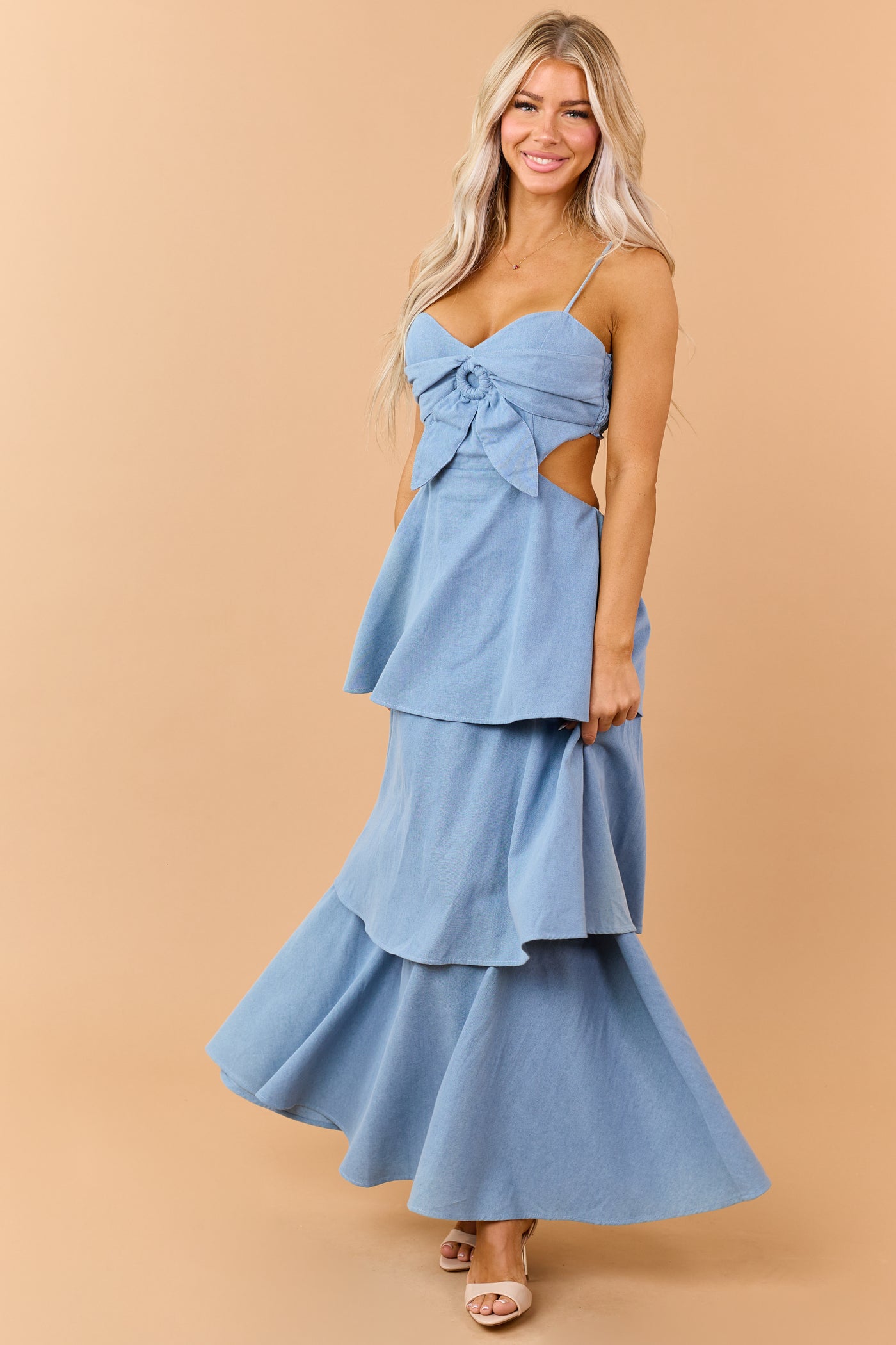 Light Wash Tiered Chambray Denim Maxi Dress