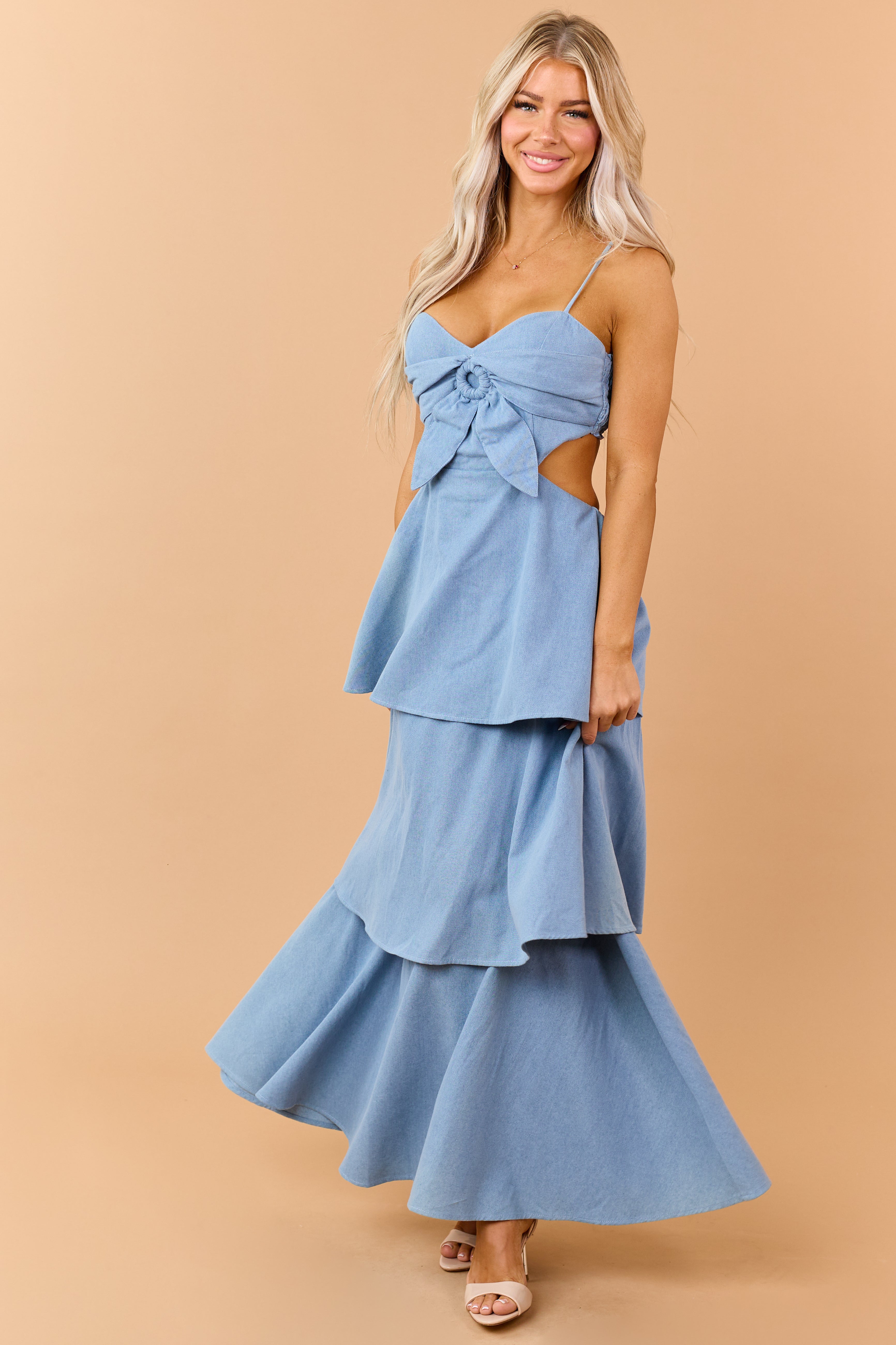 Light Wash Tiered Chambray Denim Maxi Dress