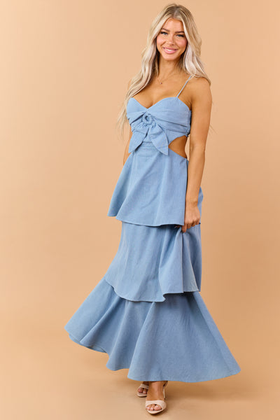 Light Wash Tiered Chambray Denim Maxi Dress