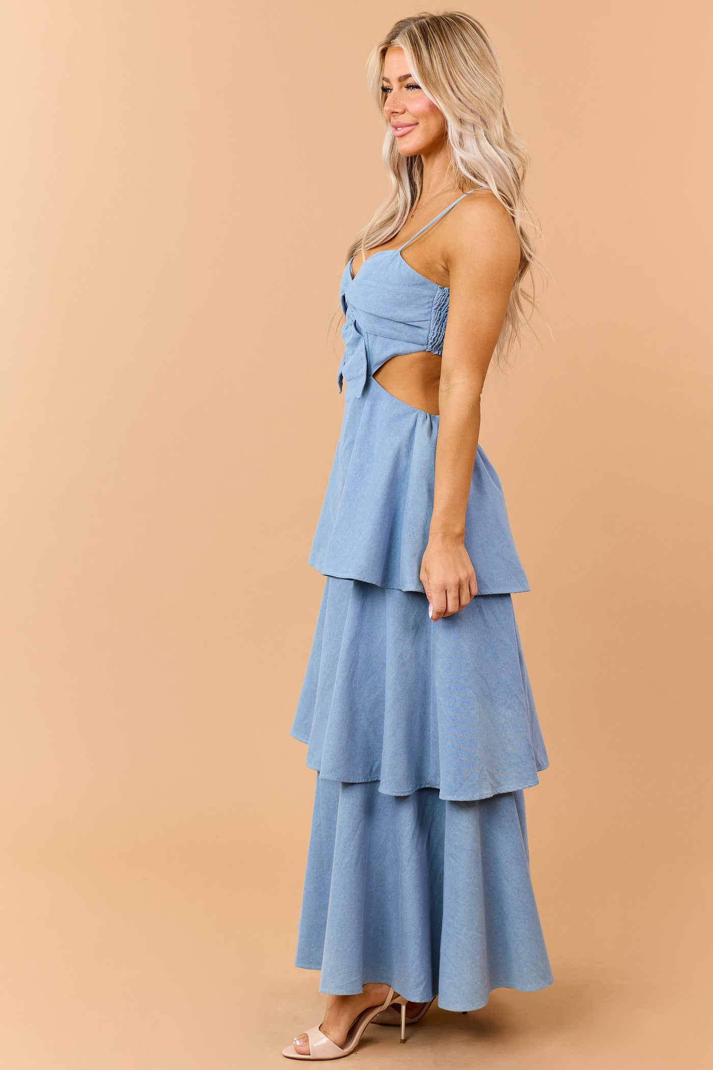 Light Wash Tiered Chambray Denim Maxi Dress