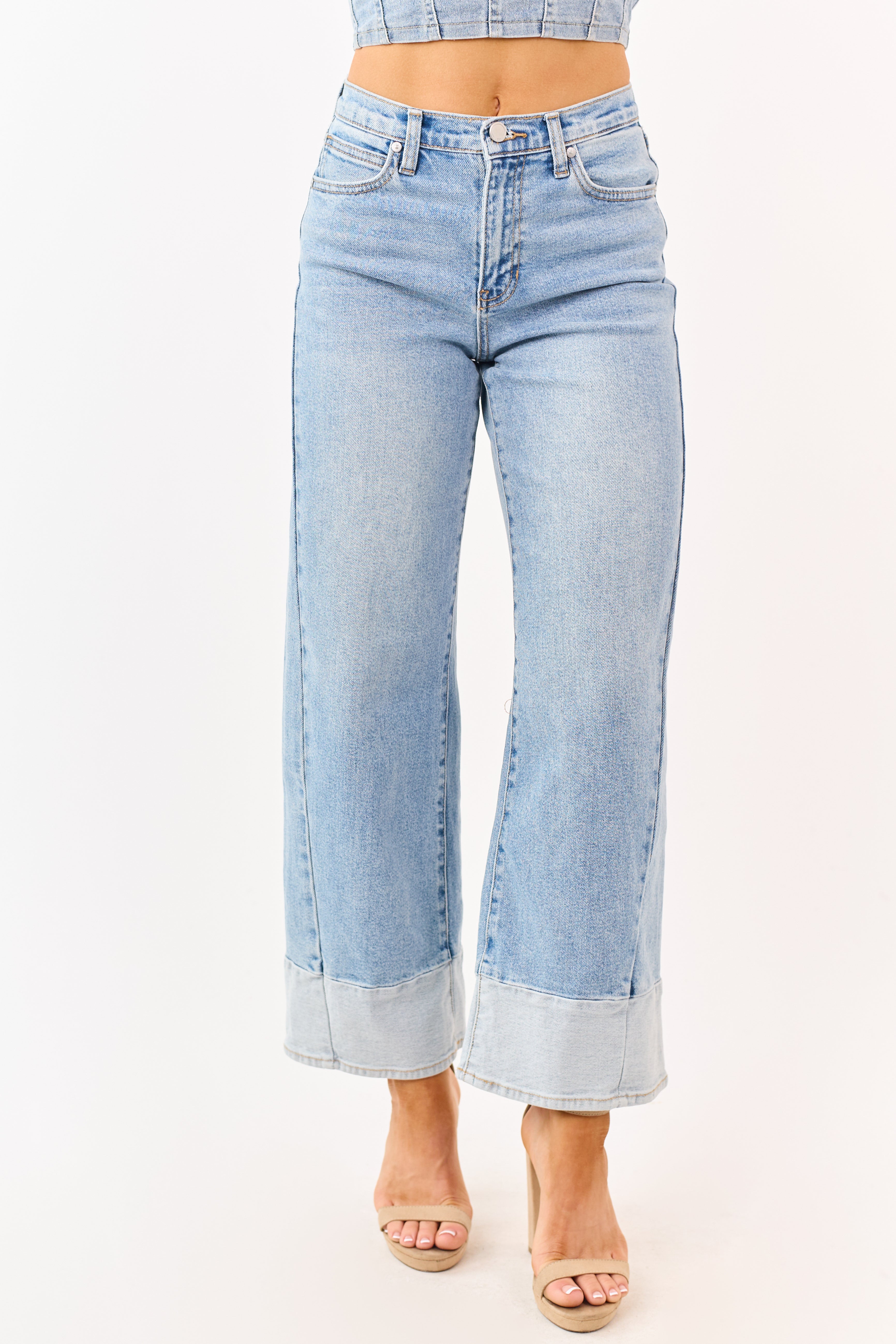 Light Wash Two Toned Hem Stretchy Wide Leg Jeans