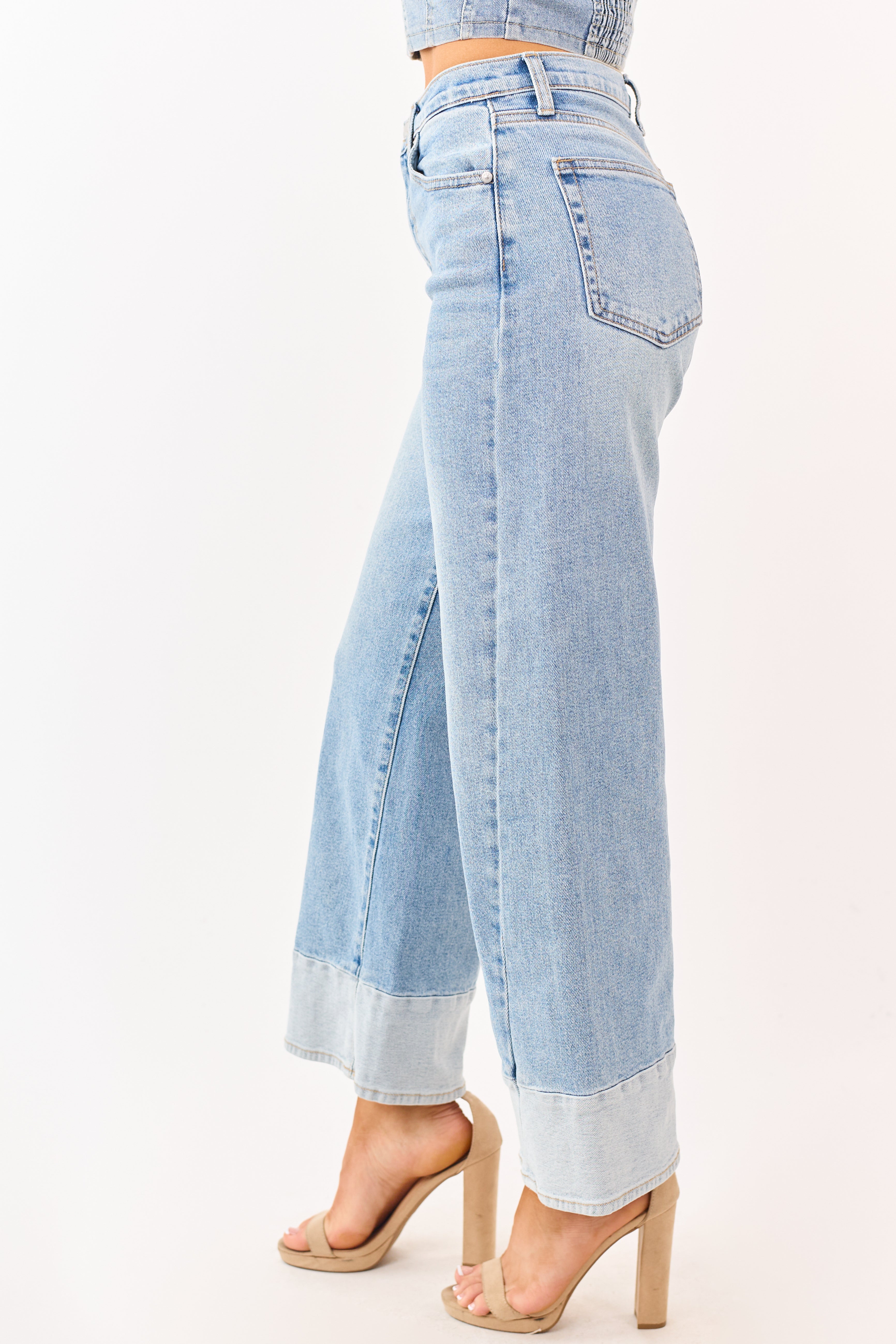 Light Wash Two Toned Hem Stretchy Wide Leg Jeans