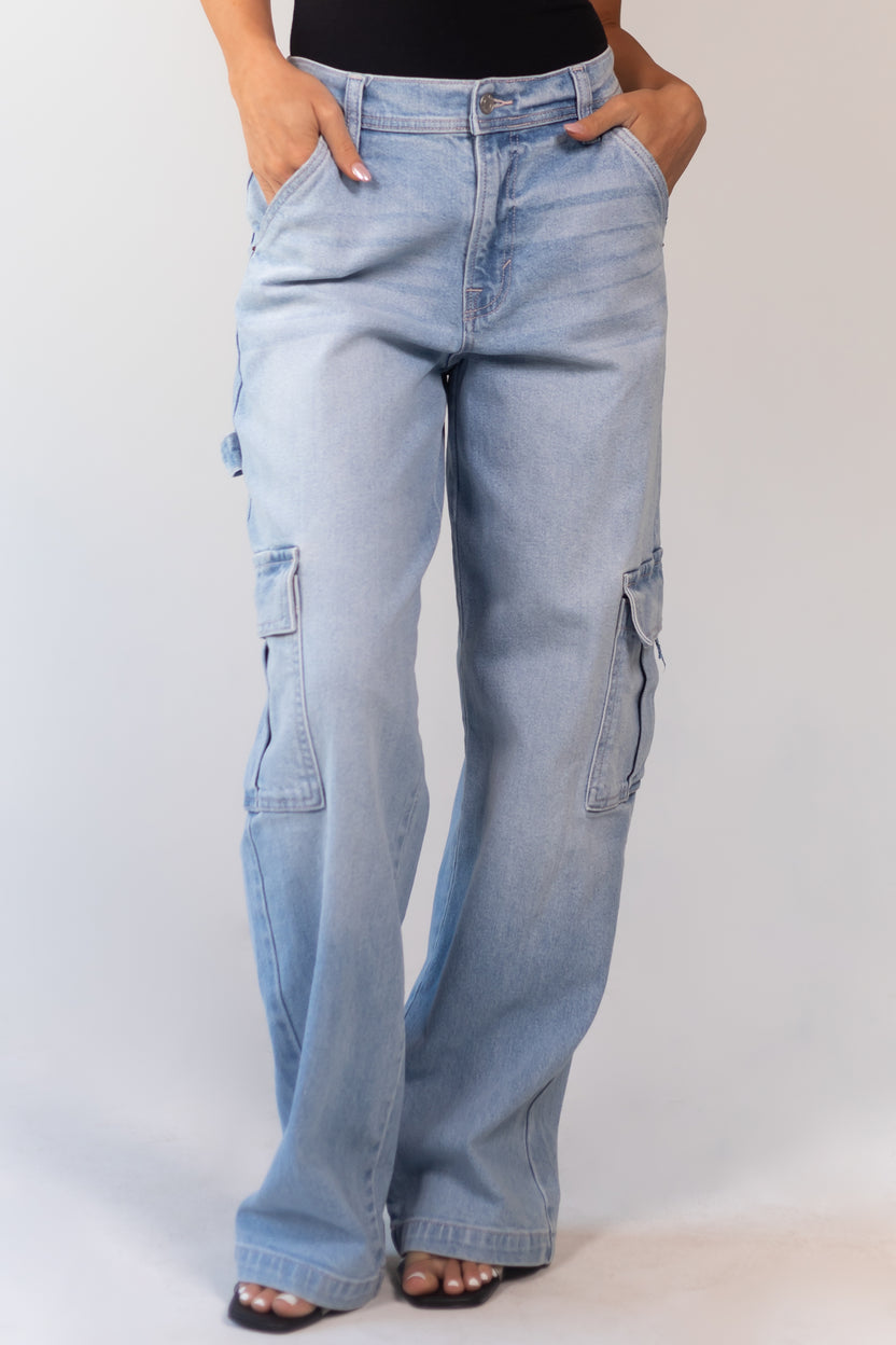 Cello Light Wash Vintage Relaxed Cargo Jeans | Lime Lush