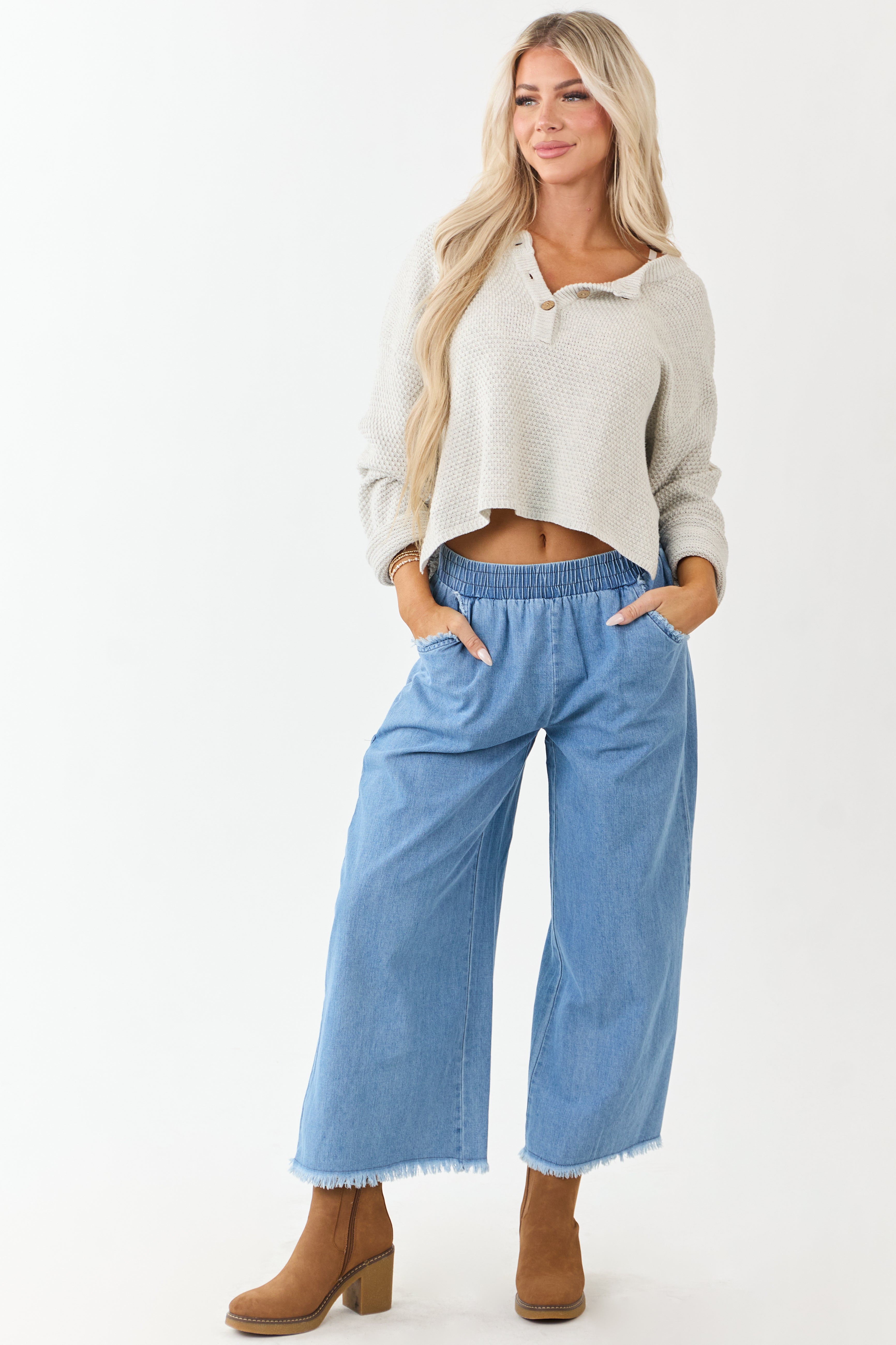 Light Wash Wide Leg Cropped Chambray Pants