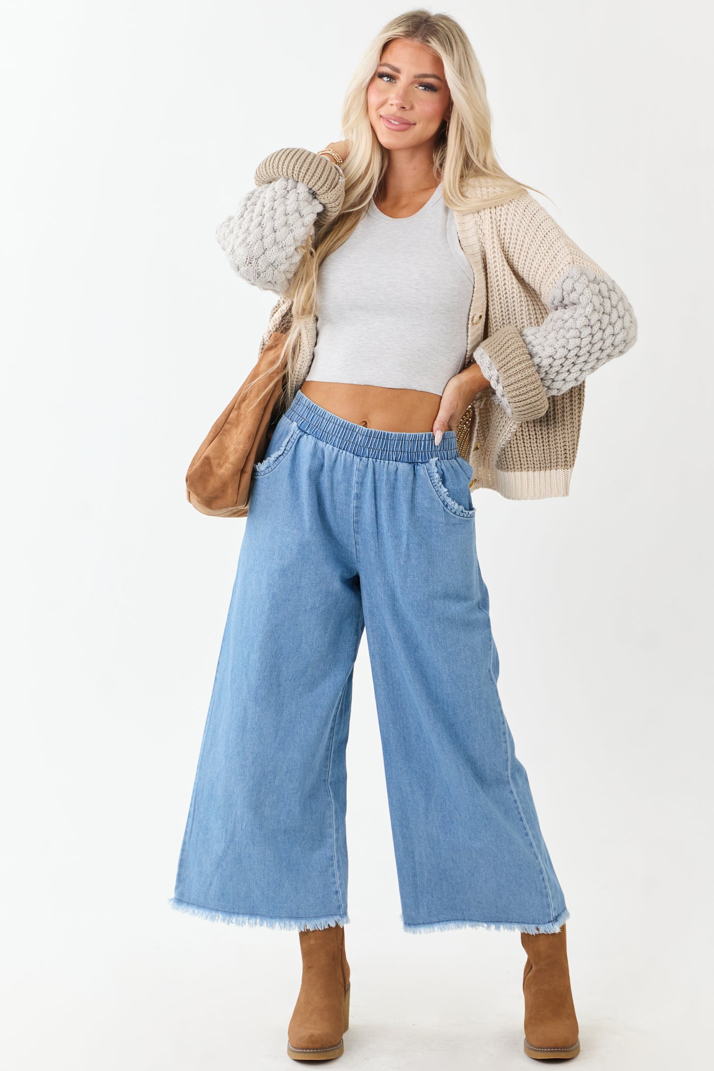 Light Wash Wide Leg Cropped Chambray Pants