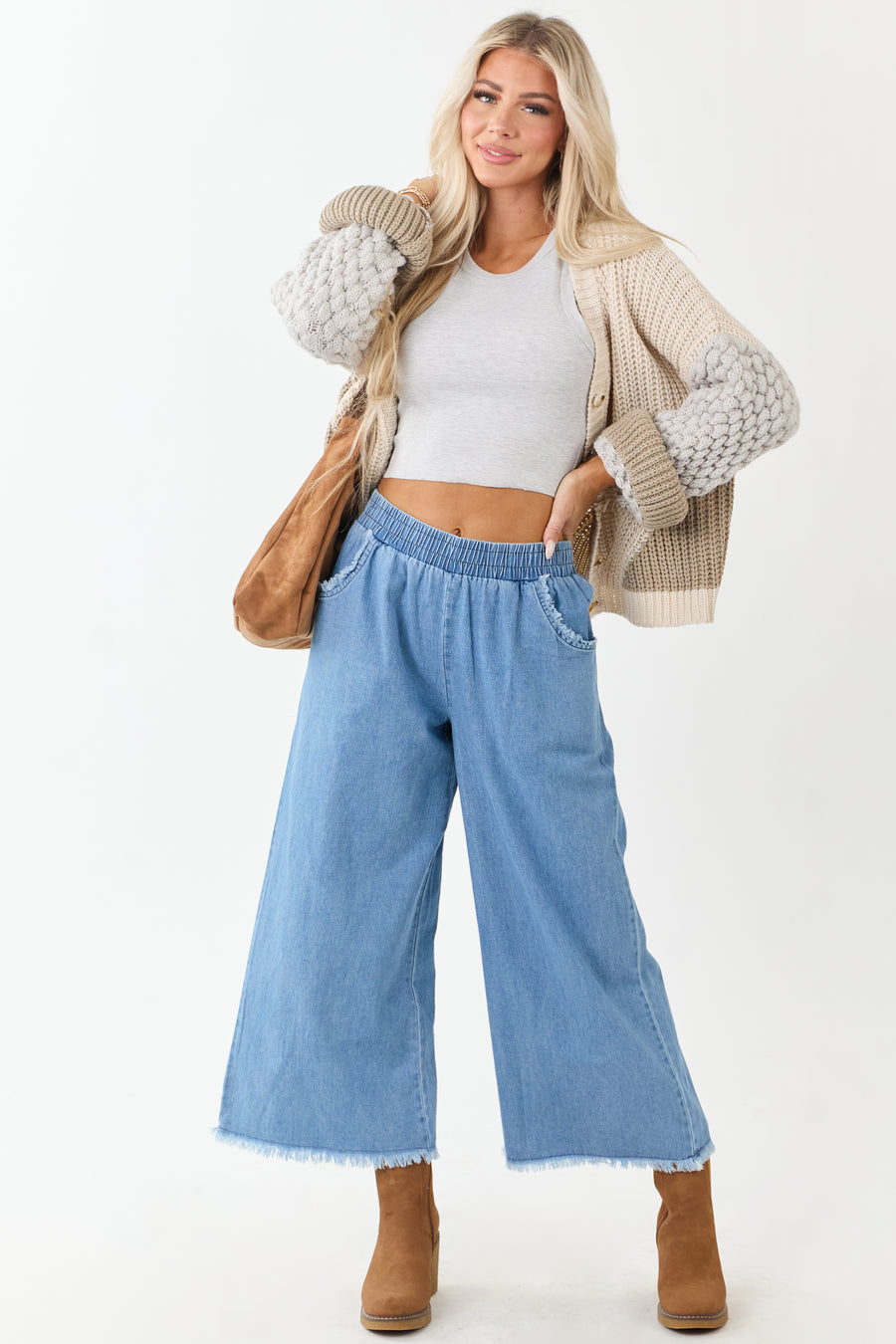 Light Wash Wide Leg Cropped Chambray Pants