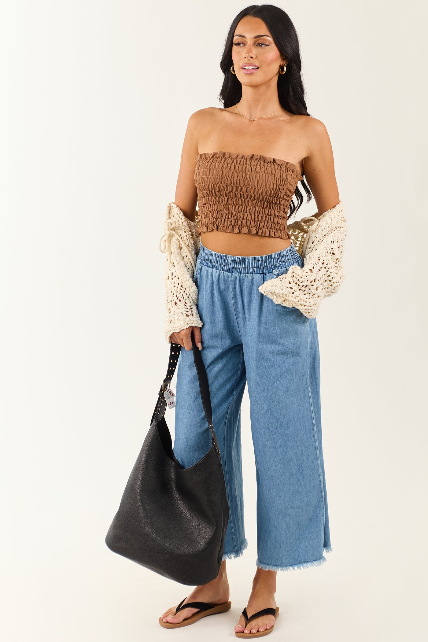 Light Wash Wide Leg Cropped Chambray Pants