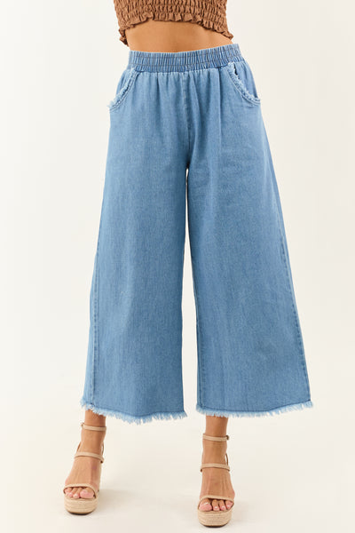 Light Wash Wide Leg Cropped Chambray Pants