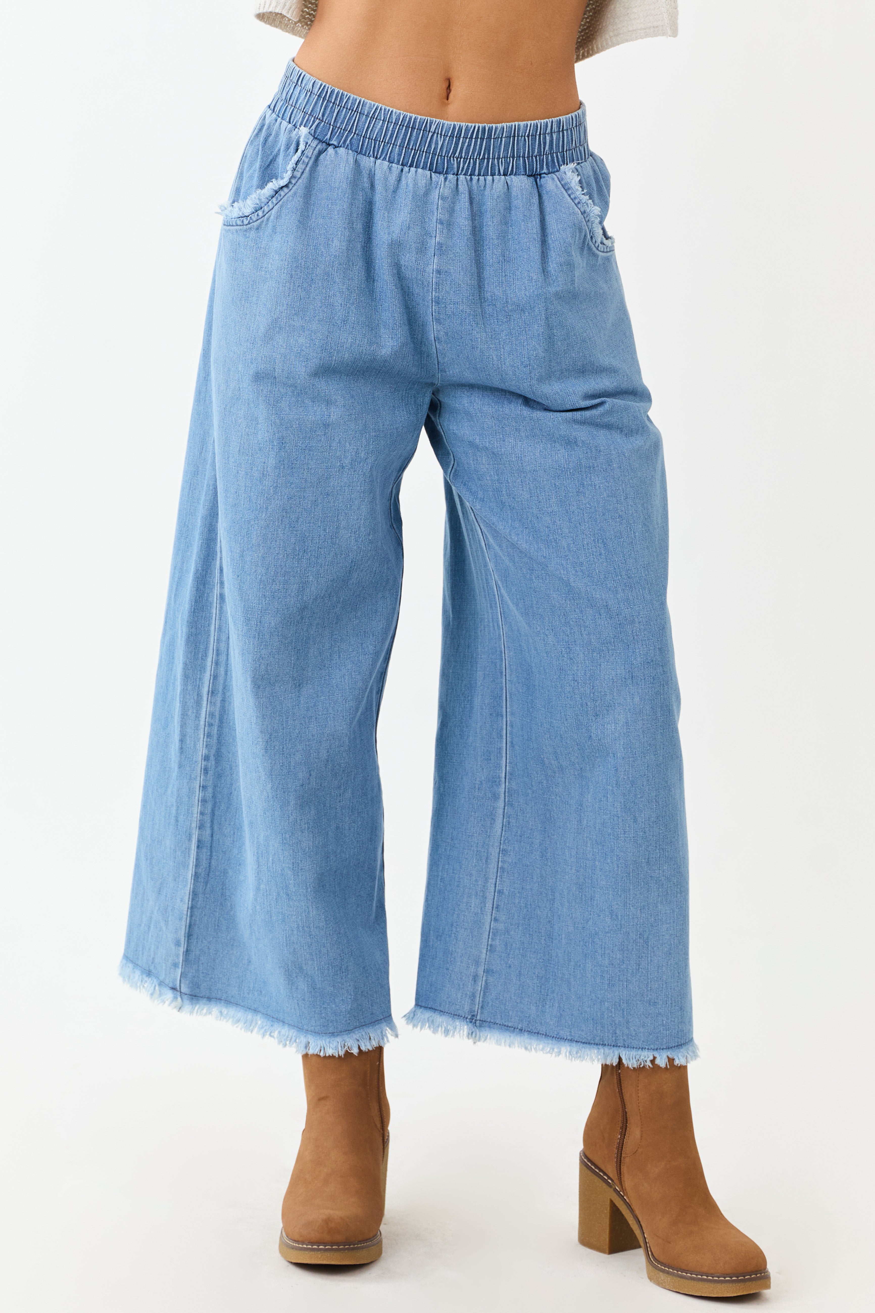 Light Wash Wide Leg Cropped Chambray Pants | Lime Lush Boutique