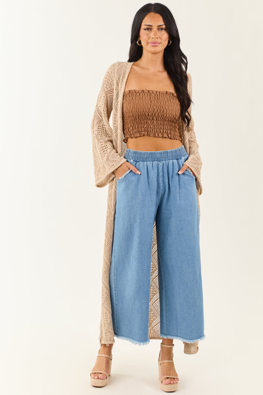 Light Wash Wide Leg Cropped Chambray Pants