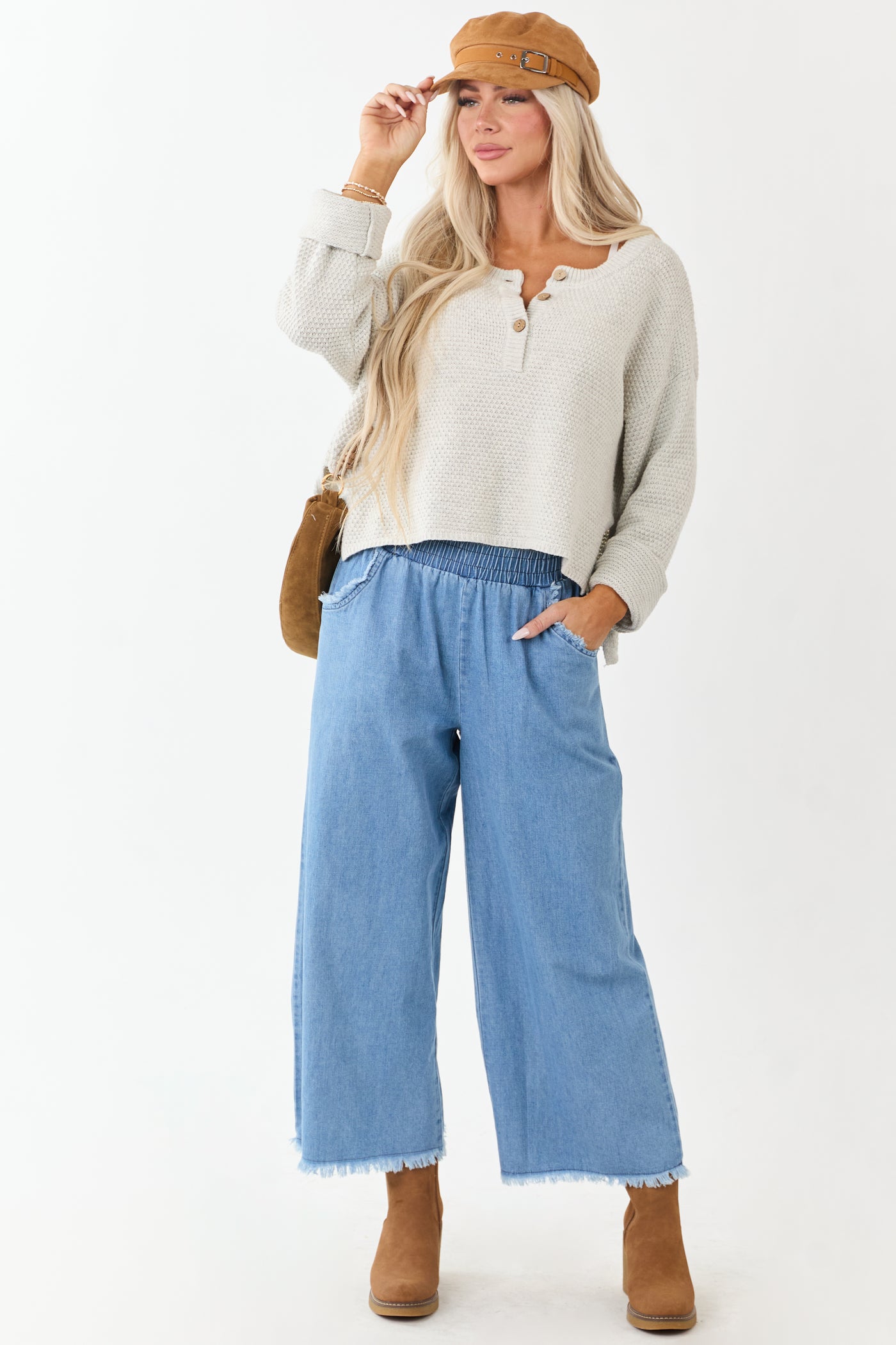 Light Wash Wide Leg Cropped Chambray Pants