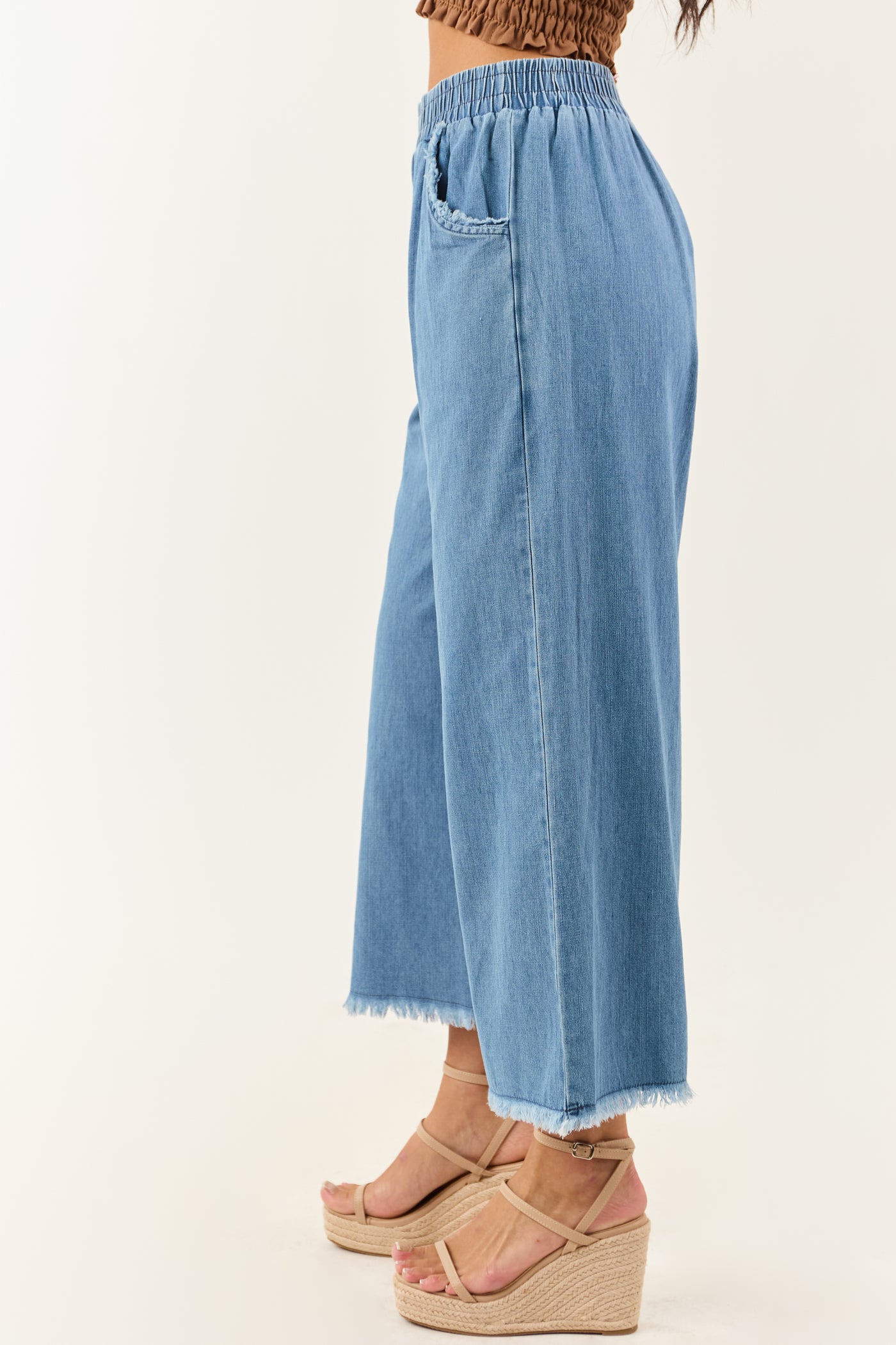 Light Wash Wide Leg Cropped Chambray Pants