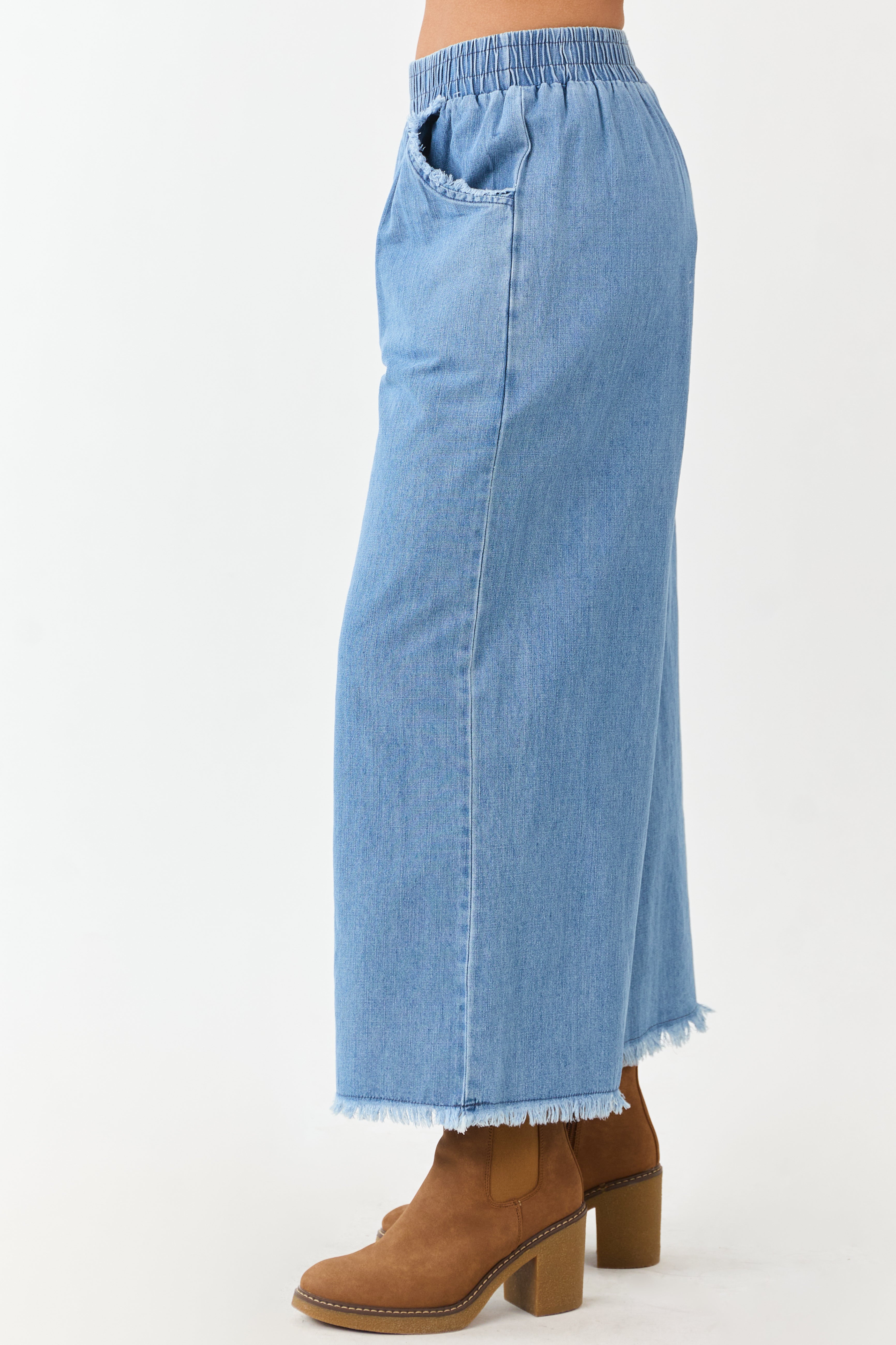 Light Wash Wide Leg Cropped Chambray Pants