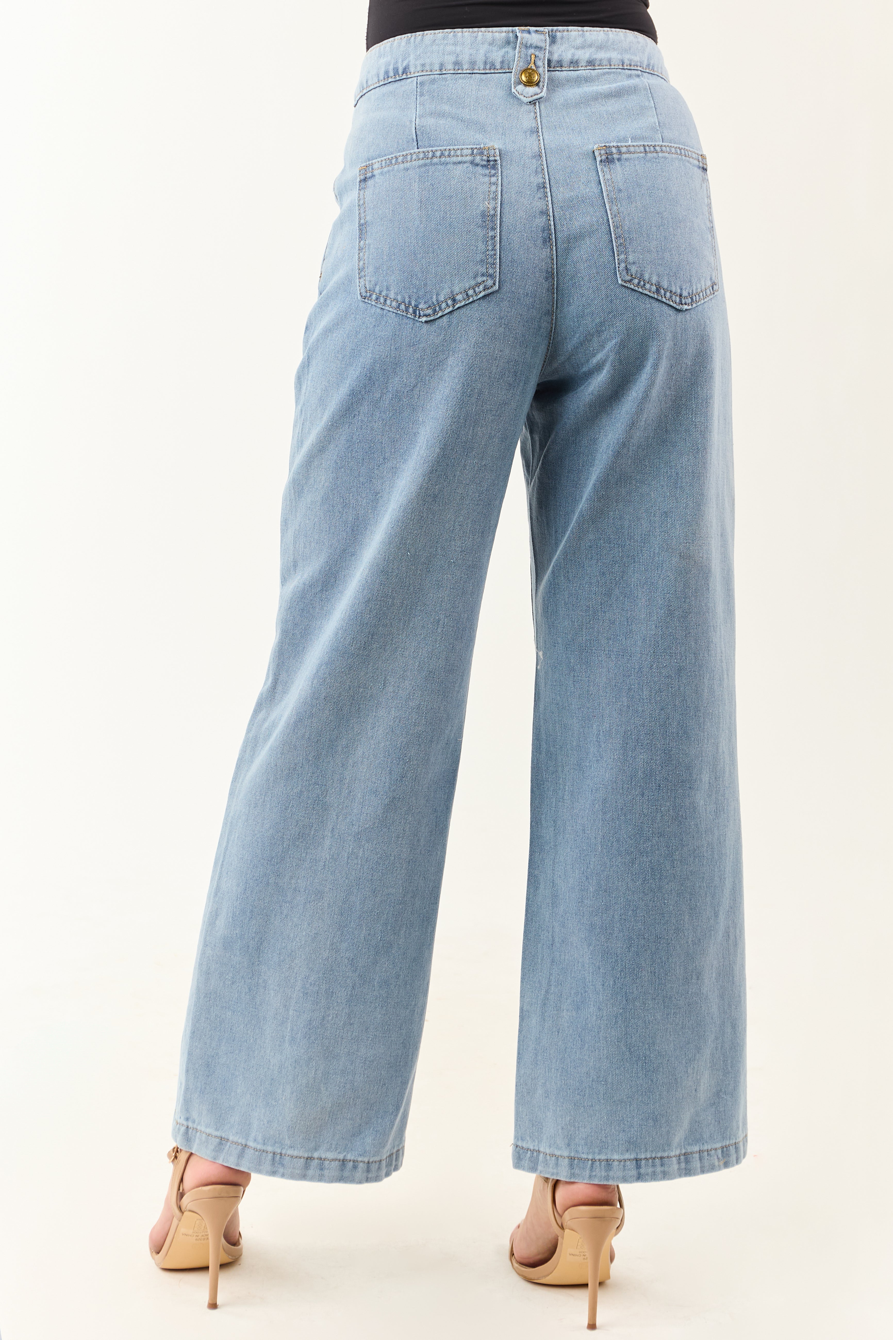 Light Wash Wide Leg High Rise Gold Button Jeans