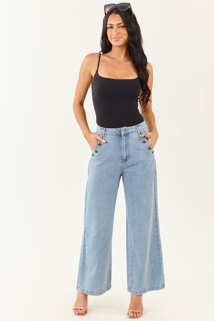 Light Wash Wide Leg High Rise Gold Button Jeans | Lime Lush Boutique